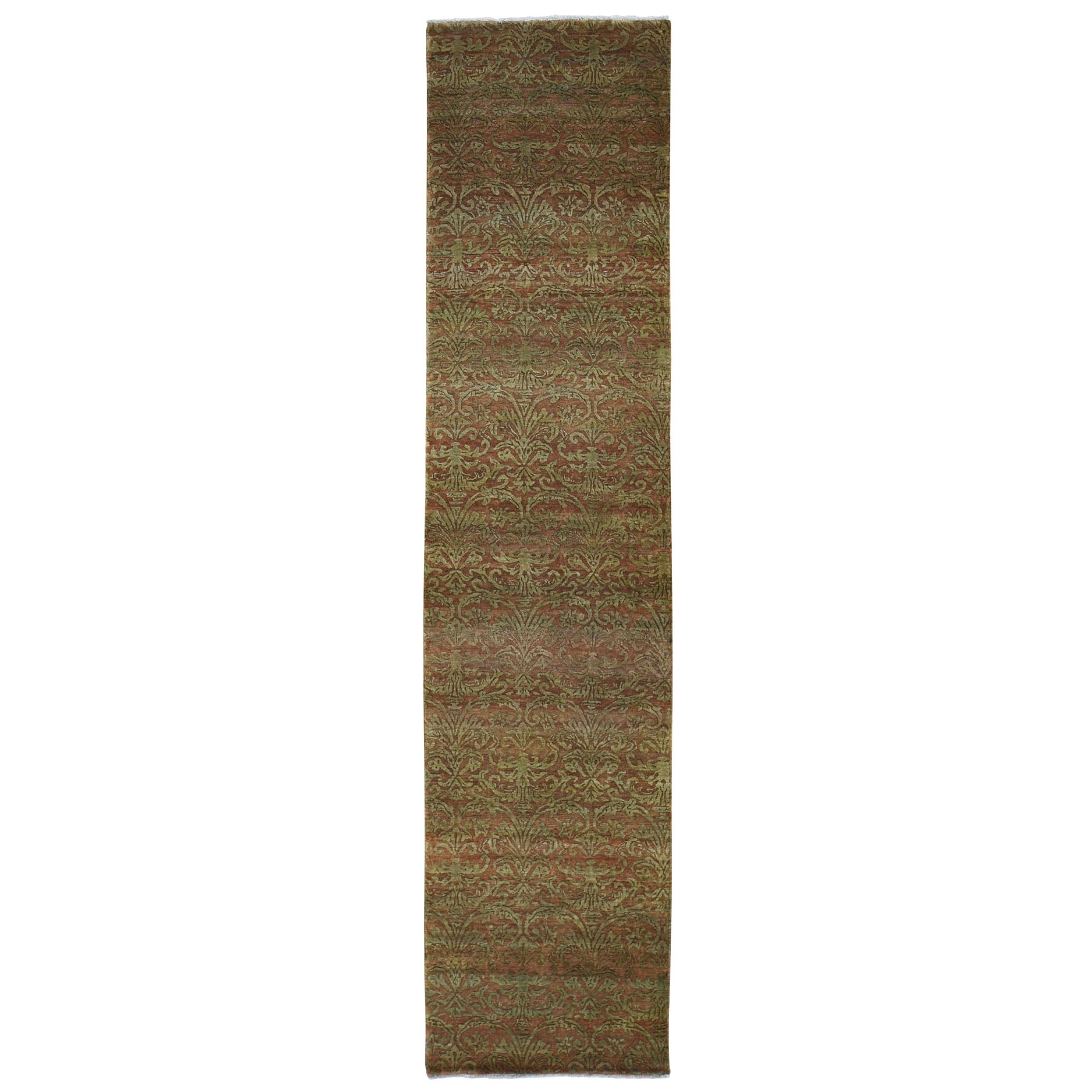 2'5"x11'4" Brown Damask Wool and Silk Tone on Tone Runner Hand Woven Oriental Rug 