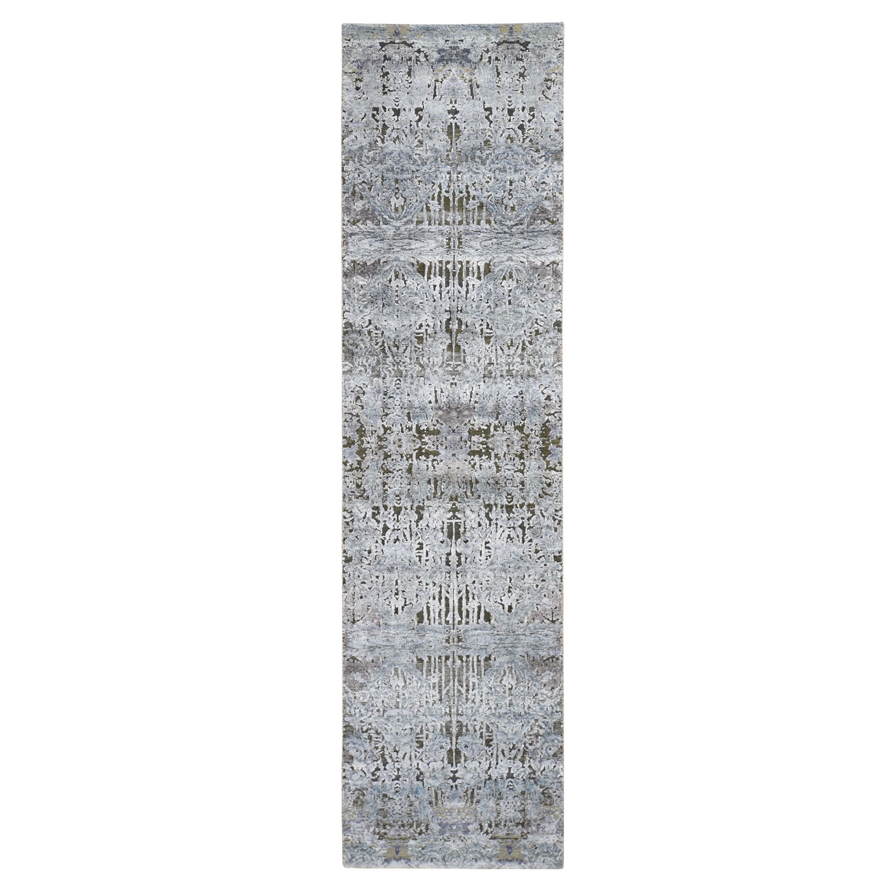 2'6"x10' Gray Silk With Textured Wool Hand Woven Modern Runner Oriental Rug 