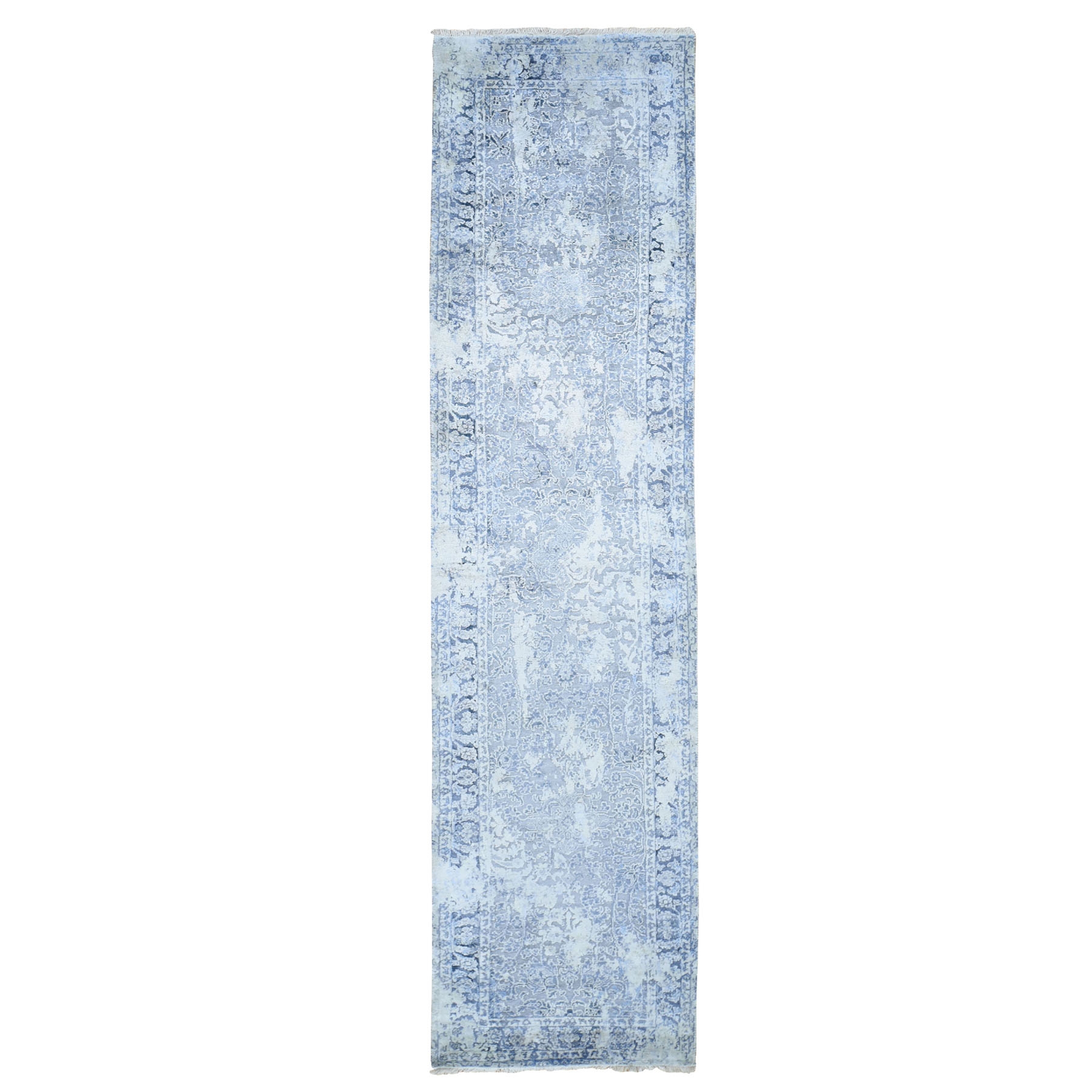 2'5"x10' Gray Broken Persian Design With Pure Silk Runner Hand Woven Oriental Rug 