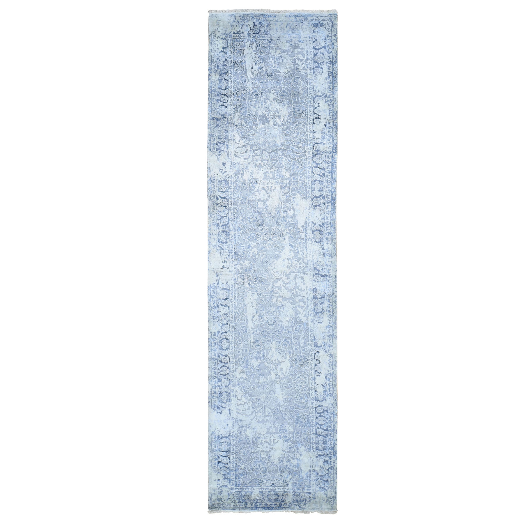2'6"x9'10" Gray Broken Persian Design With Pure Silk Runner Hand Woven Oriental Rug 
