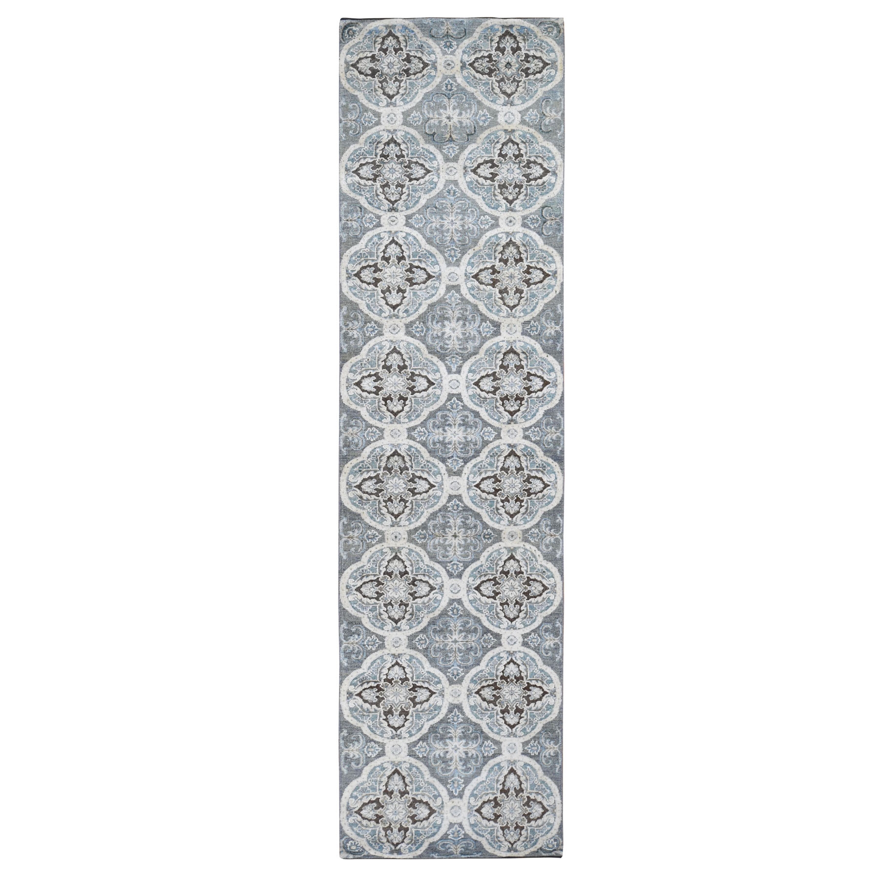 2'7"x9'10" Gray Silk With Textured Wool Repetitive Design Hand Woven Runner Oriental Rug 