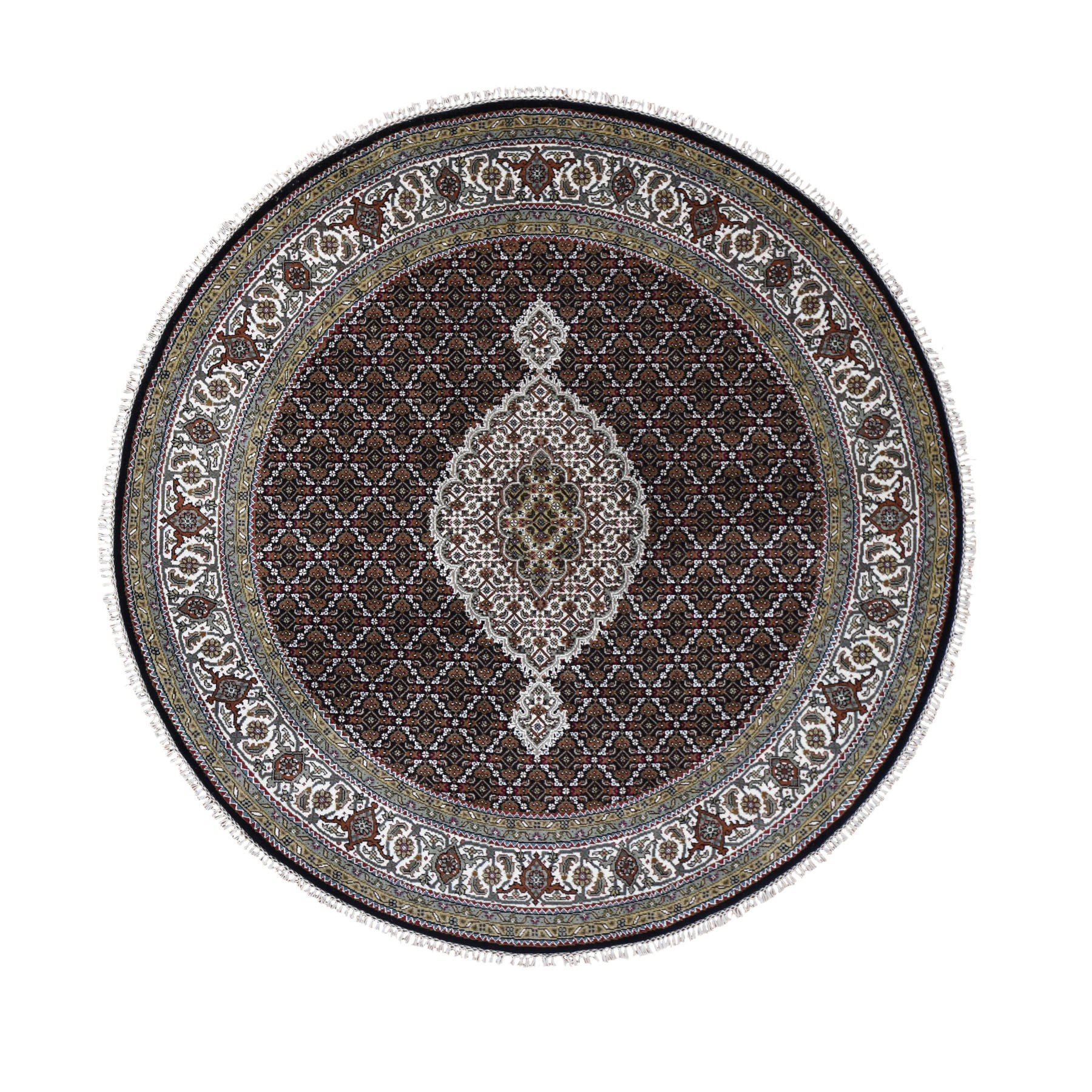 6'5"x6'5" Round Black Tabriz Mahi Wool and Silk Hand Woven Oriental Rug 