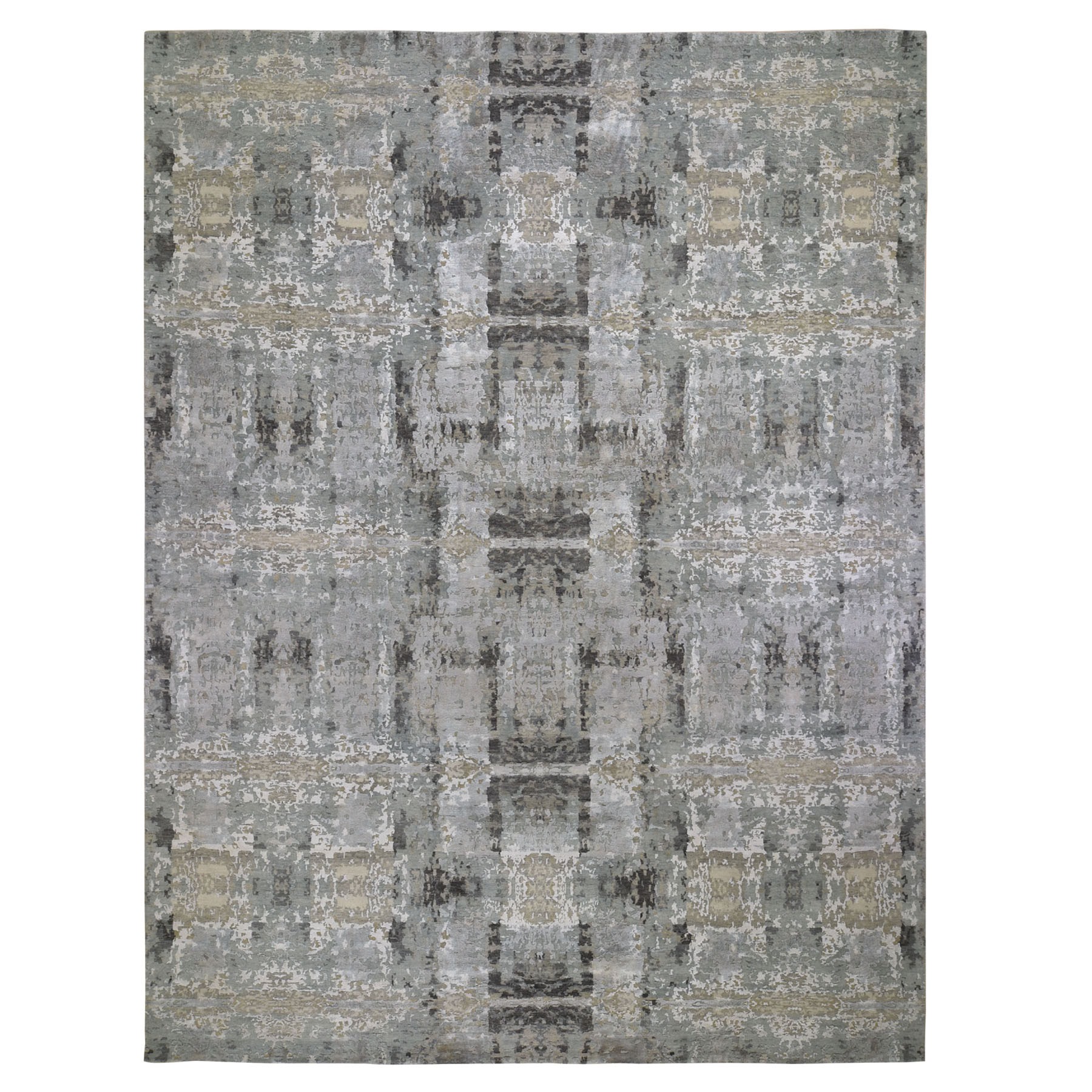 11'10"x14'10"  Oversized Silver Abstract Design Hi-Lo Pile Wool And Silk Hand Woven Oriental Rug 