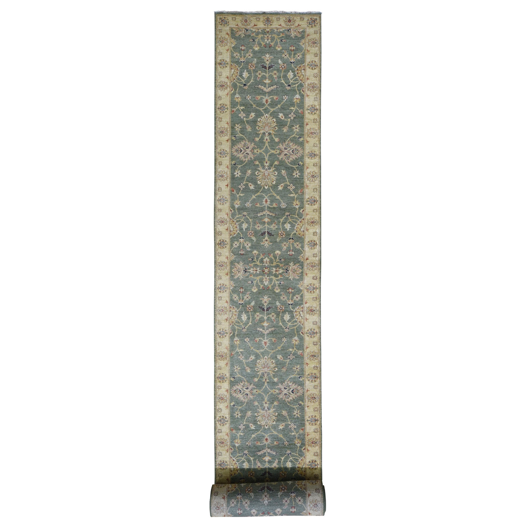 3'6"x32'2" Green Pure Wool Hard Twist Agra XL Runner Hand Woven Oriental Rug 