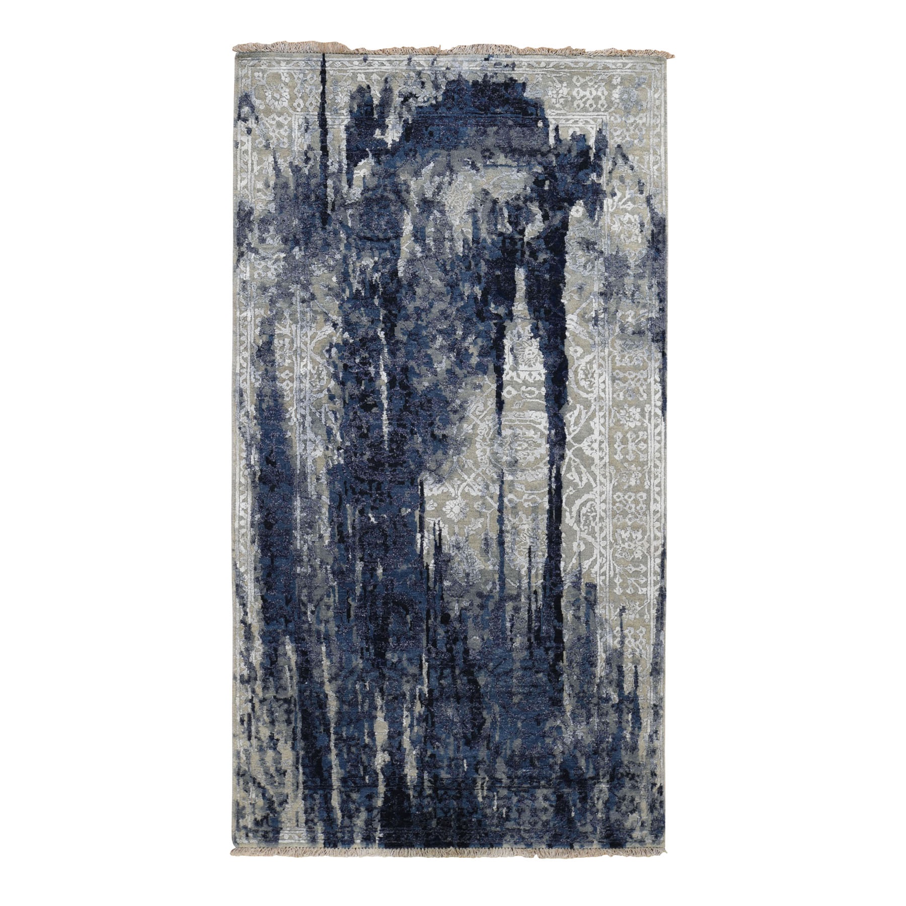 4'x8' Gallery Size Wool And Silk Shibori Design Tone On Tone Hand Woven Oriental Rug 