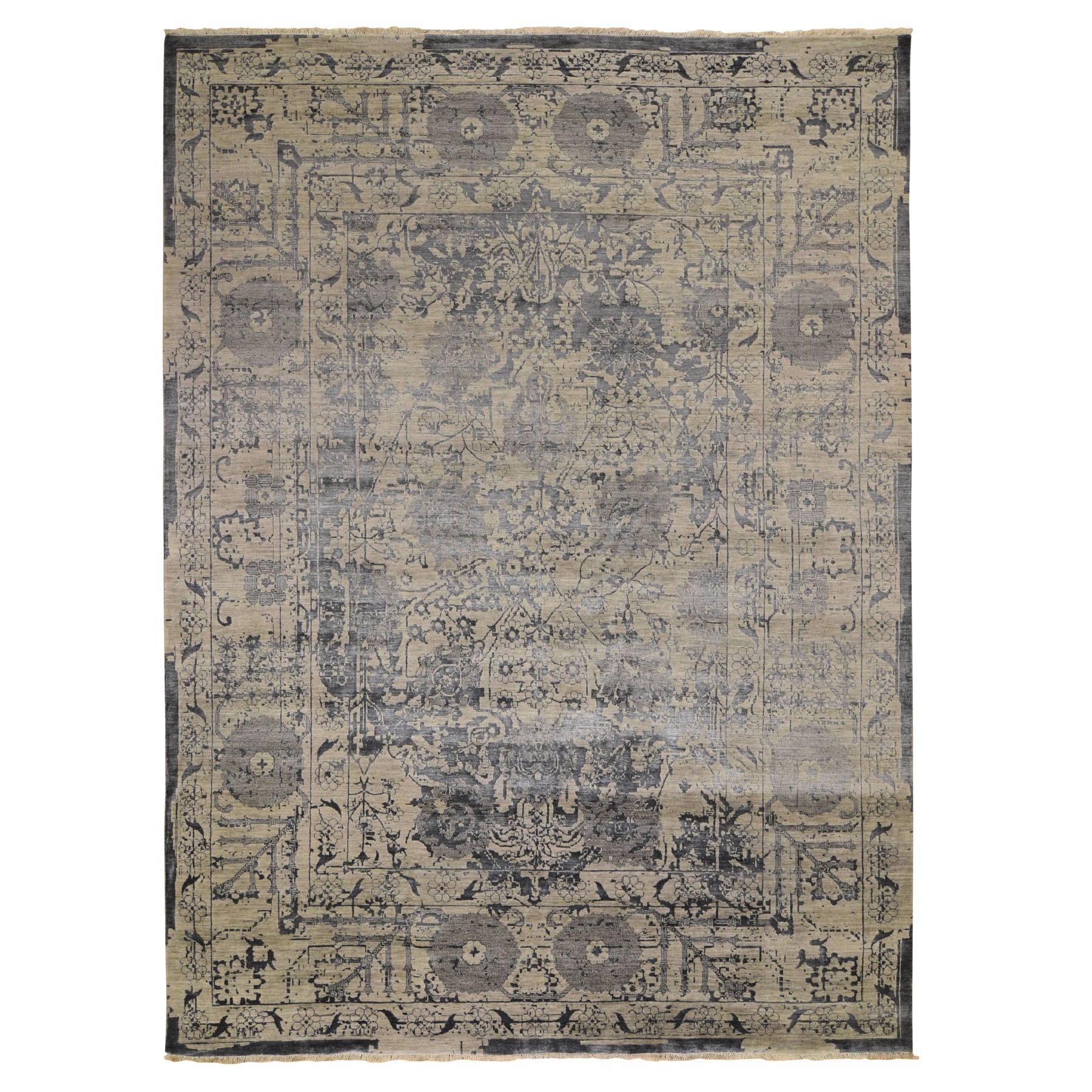 9'1"x12' Gray Wool And Silk Transitional Erased Persian Design Hand Woven Oriental Rug 