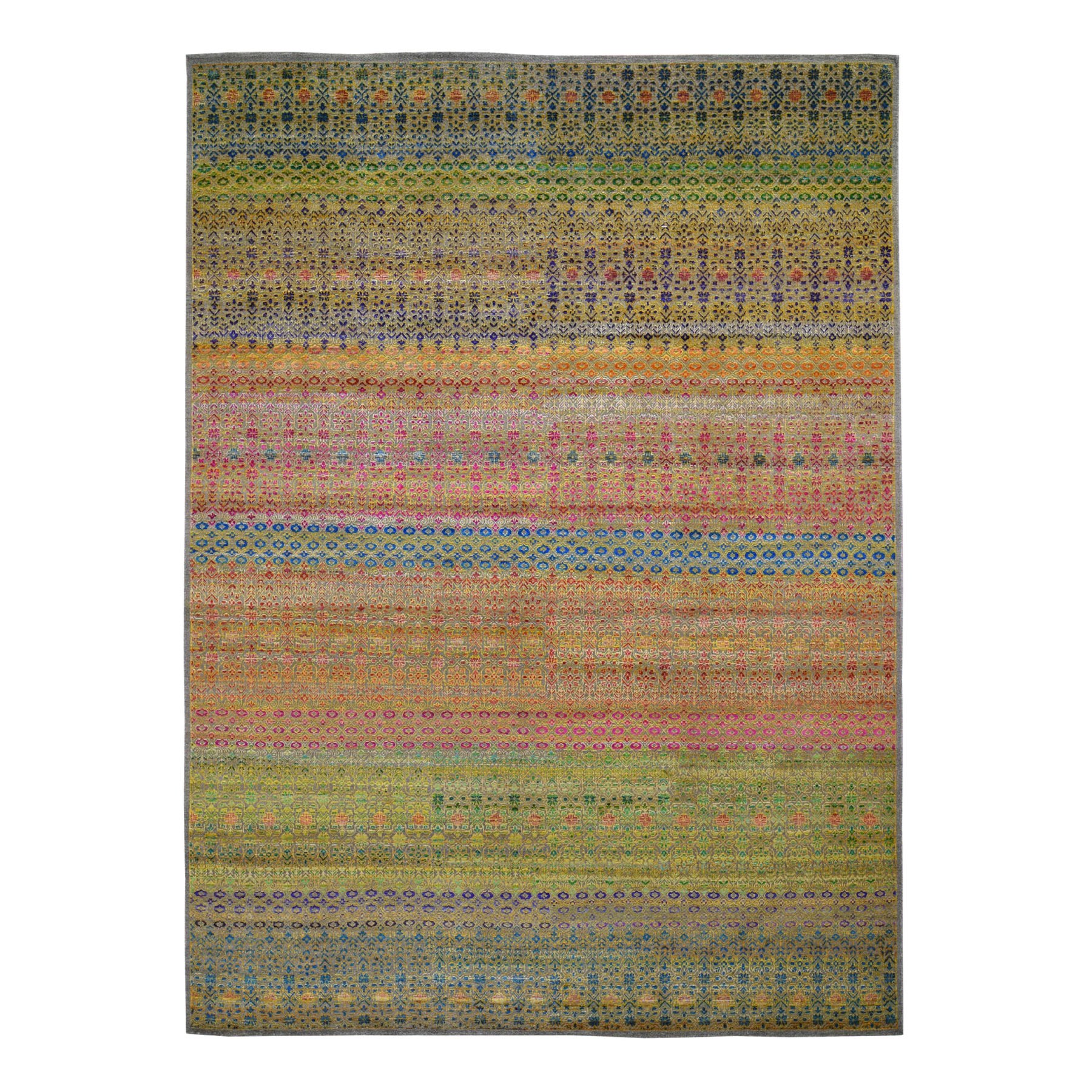 8'10"x12' Colorful Grass Design Sari Silk Textured Wool Modern Hand Woven Oriental Rug 