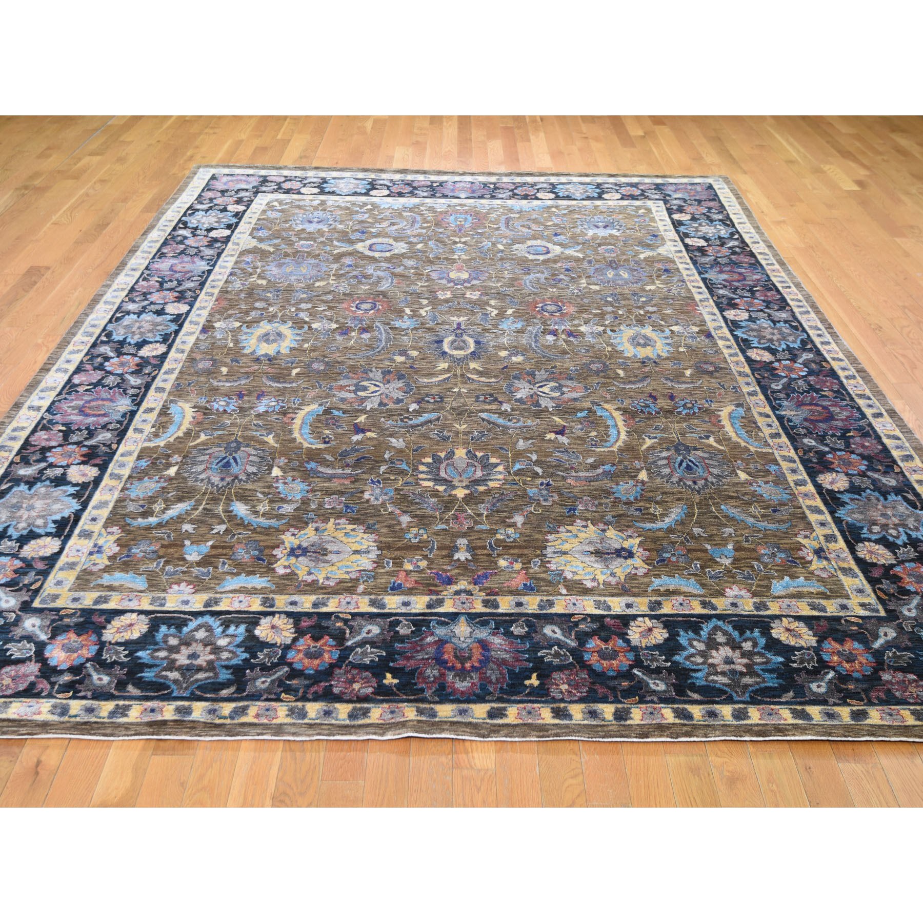 8'10"x12' Brown Silk With Textured Wool Persian Design Hand Woven Oriental Rug 