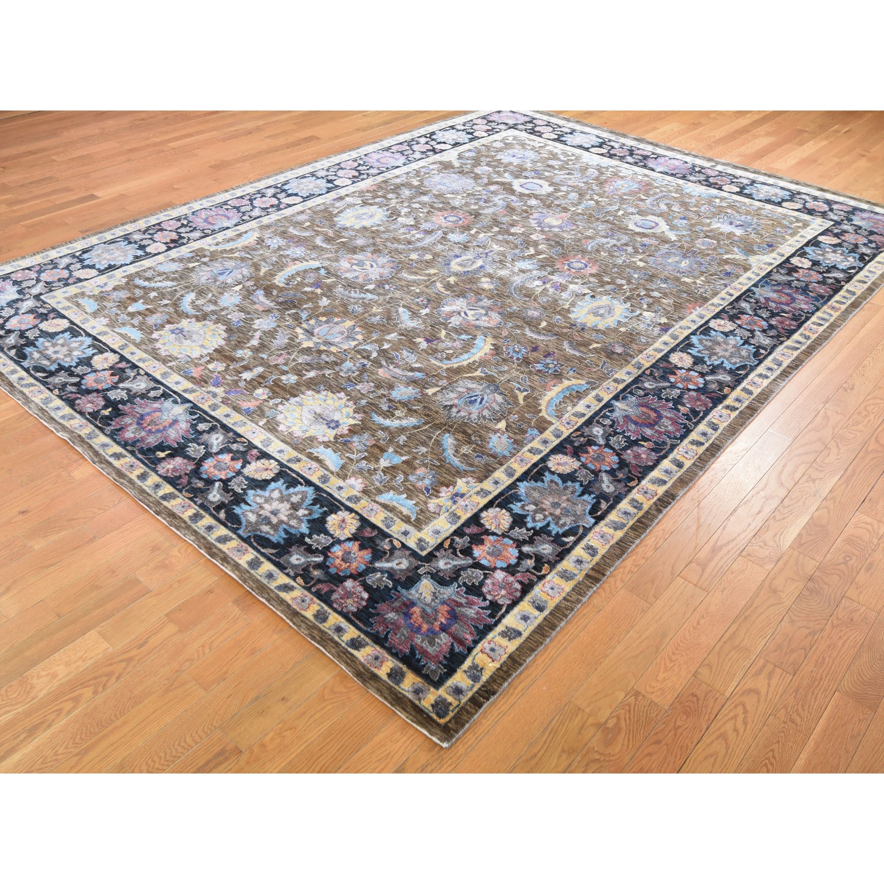 8'10"x12' Brown Silk With Textured Wool Persian Design Hand Woven Oriental Rug 