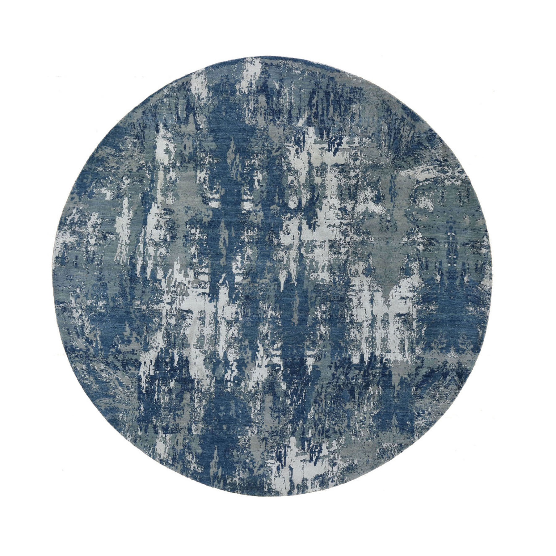 8'1"x8'1" Blue Abstract Design Wool and Pure Silk Hand Woven Round Oriental Rug 