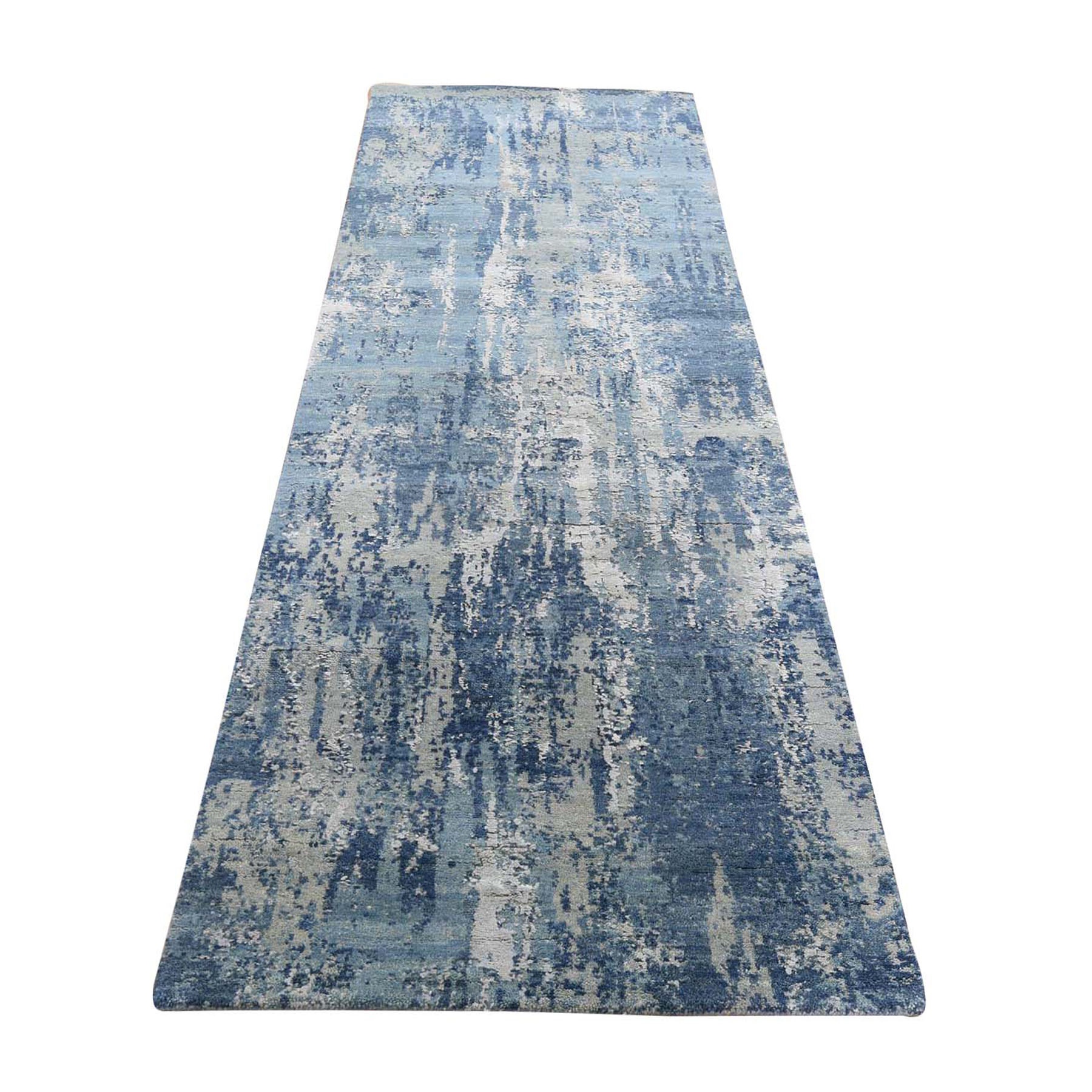 2'6"x8'3" Blue Abstract Design Wool And Pure Silk Hand Woven Runner Oriental Rug 
