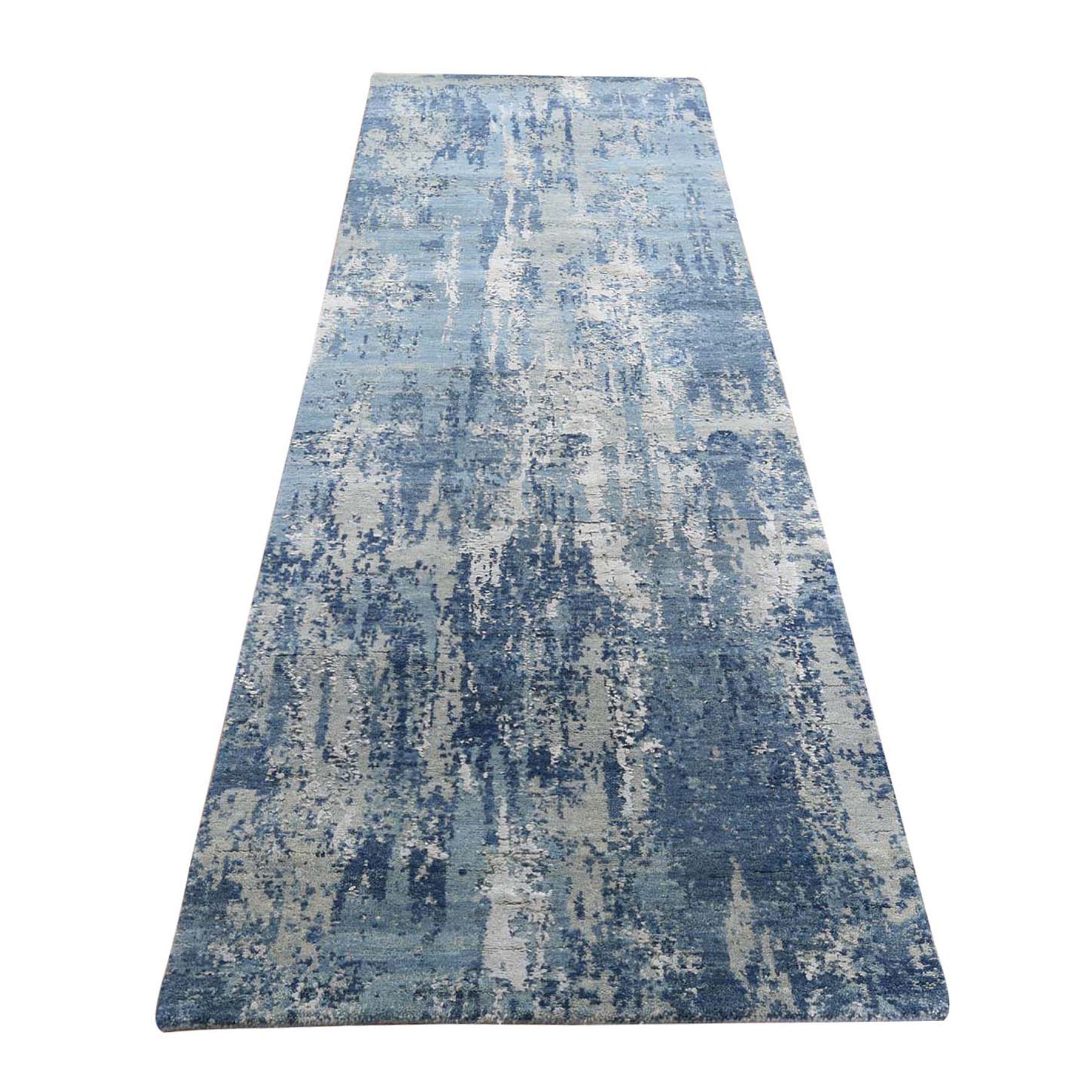2'6"x8'1" Blue Abstract Design Wool and Pure Silk Hand Woven Oriental Runner Rug 