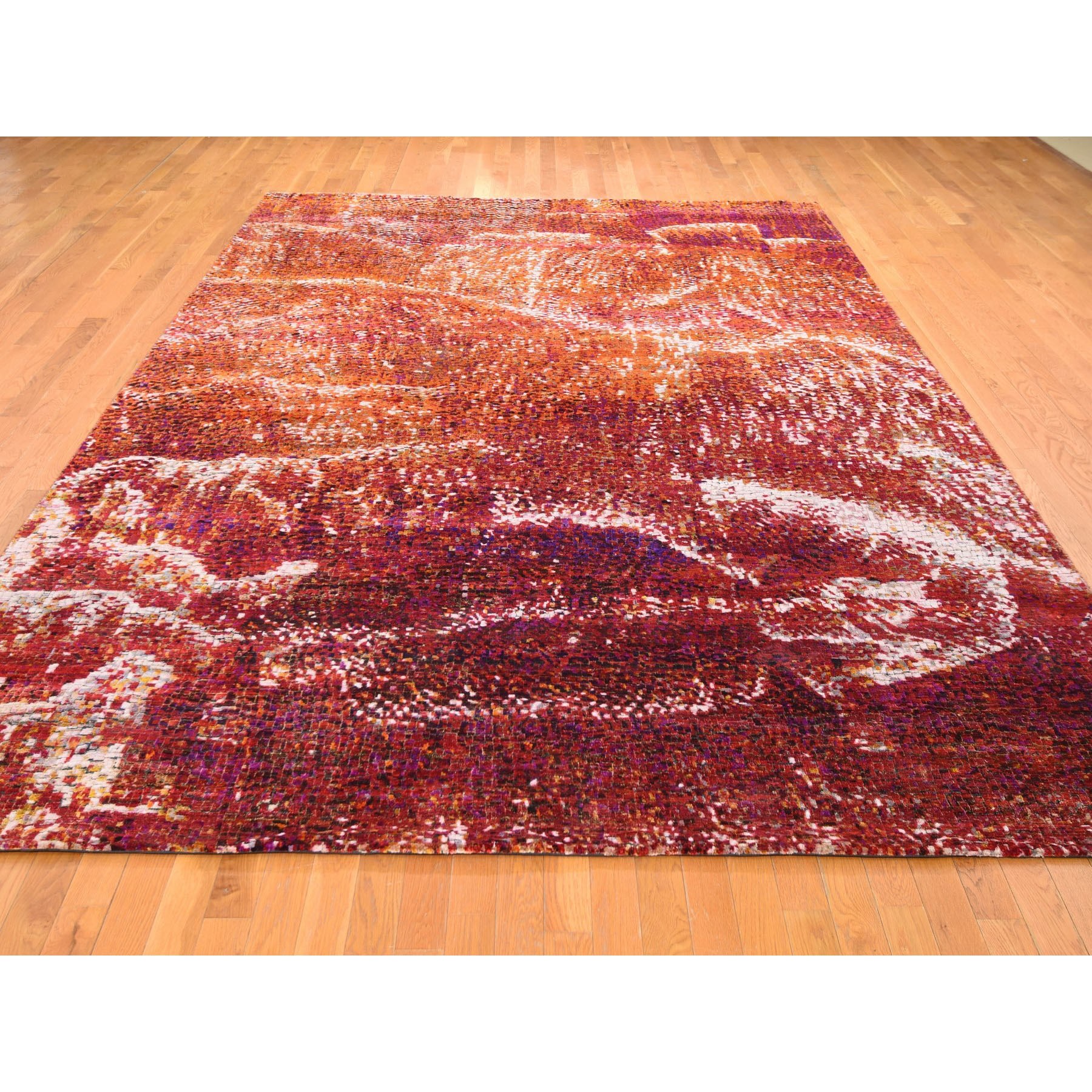 8'10"x12' Burnt Orange Mosaic Design Silk With Textured Wool Hand Woven Oriental Rug 