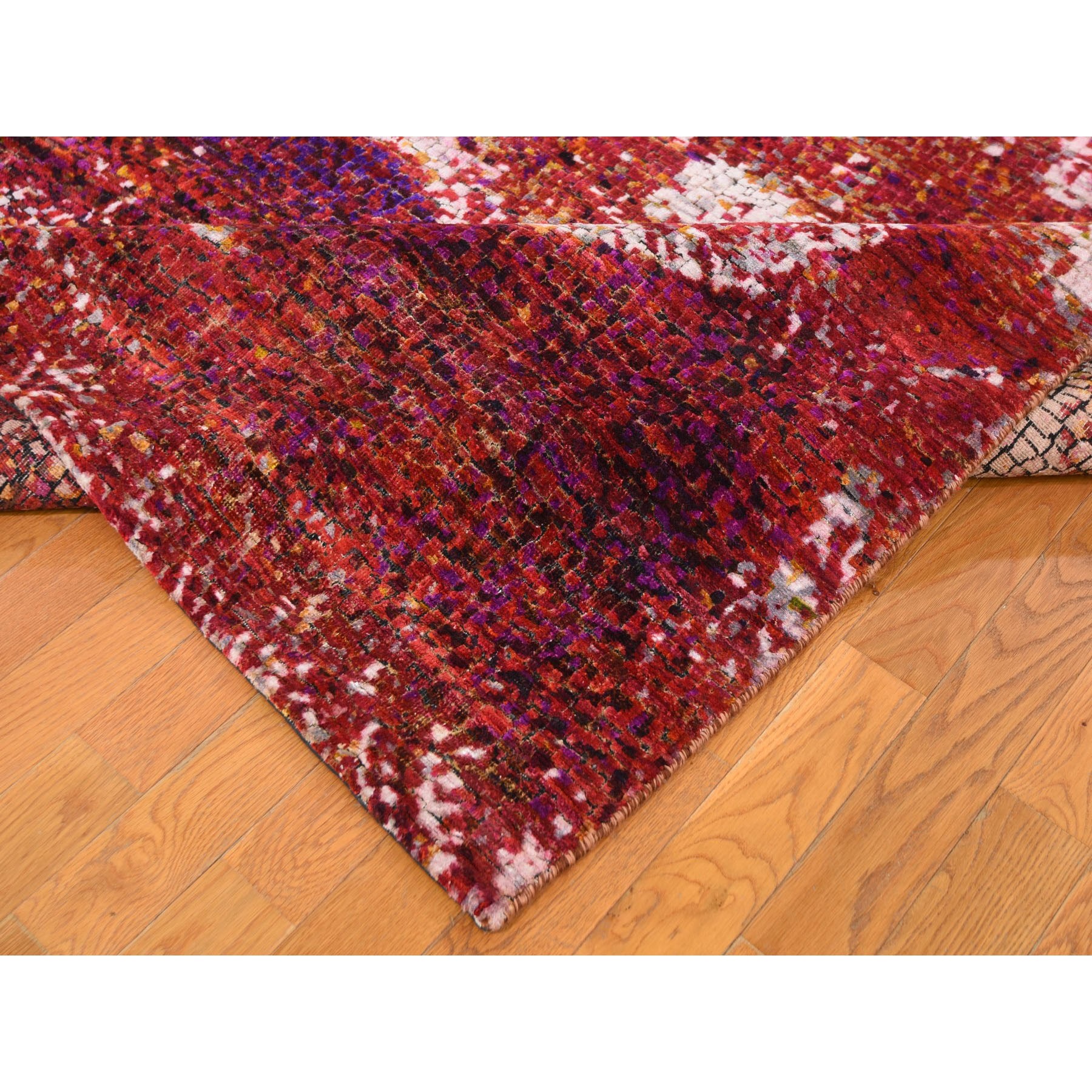 8'10"x12' Burnt Orange Mosaic Design Silk With Textured Wool Hand Woven Oriental Rug 