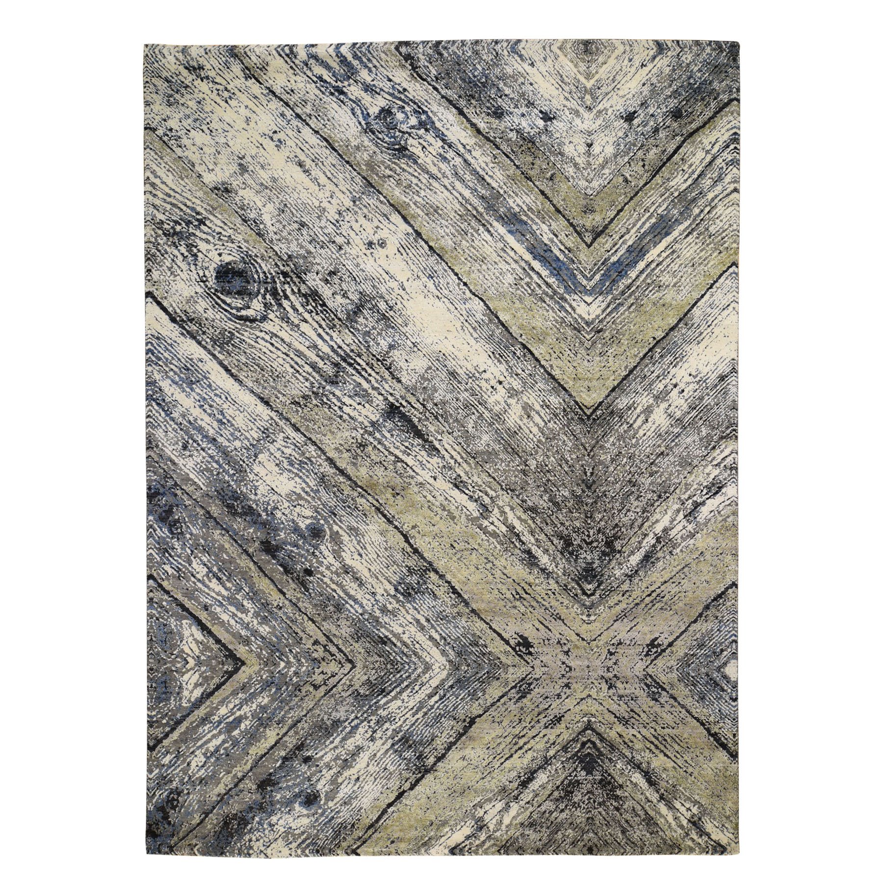 9'x12'1" Wood Trunk Design Silk With Textured Wool Hand Woven Oriental Rug 