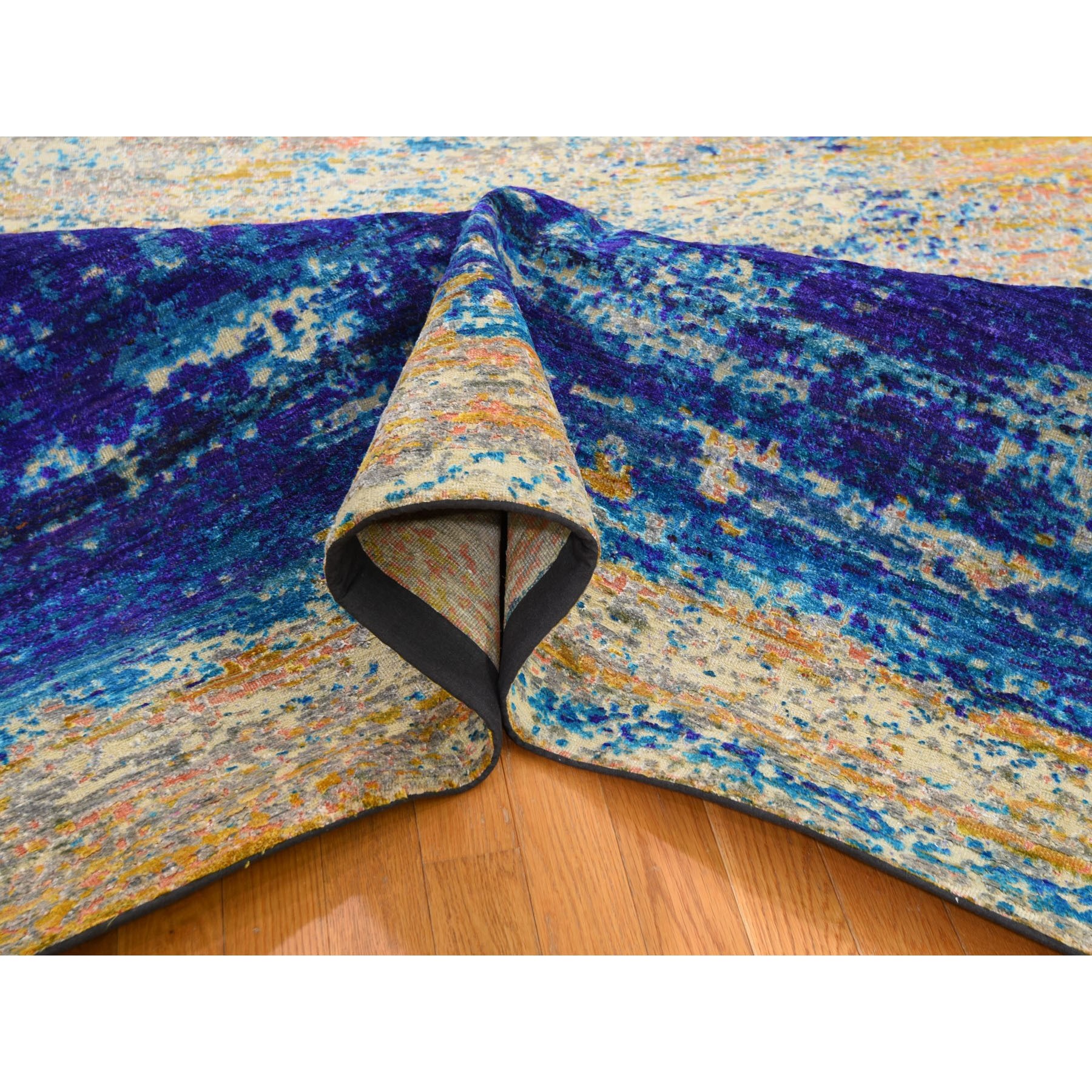 7'10"x10' Yellow Sari Silk With Textured Wool Abstract Hand Woven Oriental Rug 