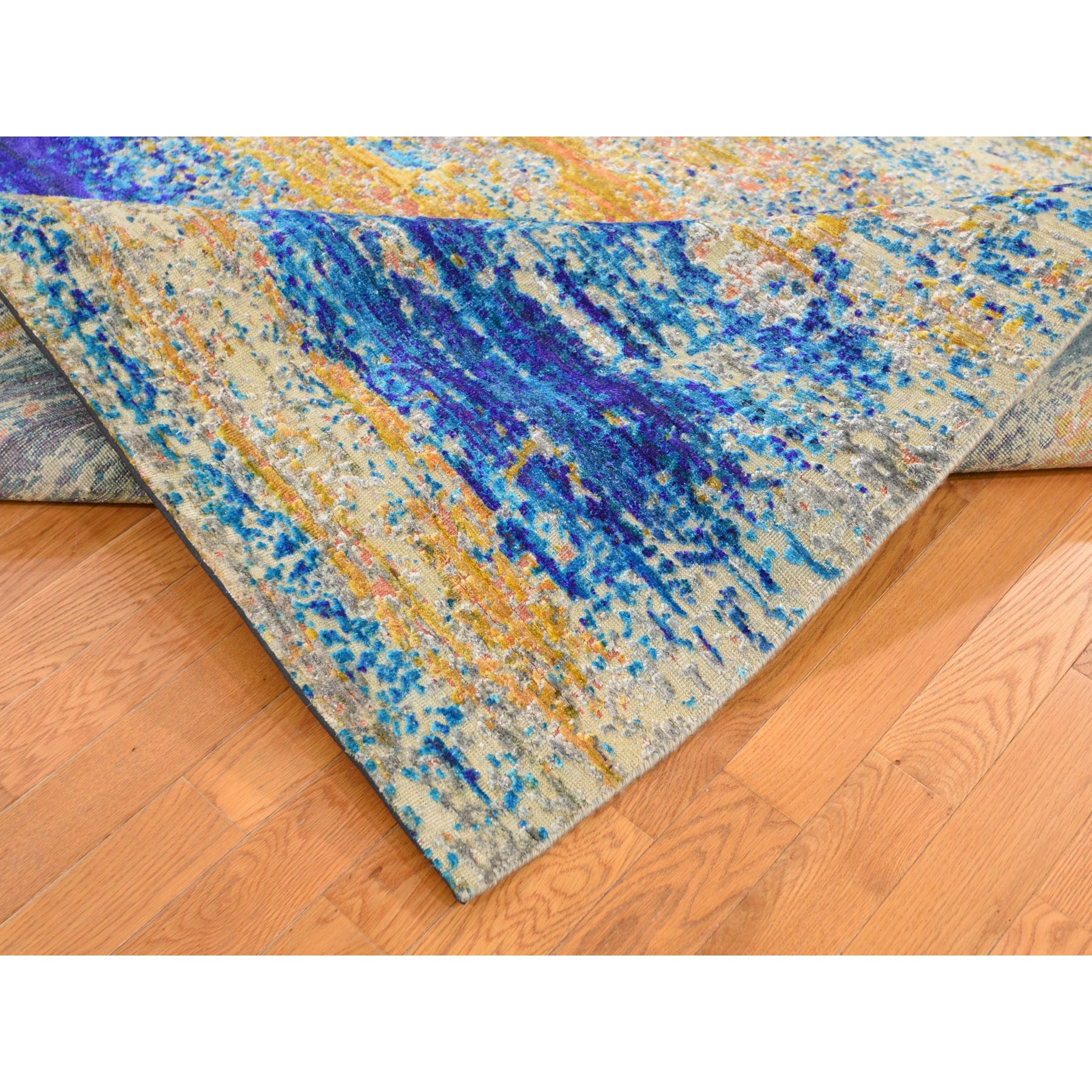 7'10"x10' Yellow Sari Silk With Textured Wool Abstract Hand Woven Oriental Rug 