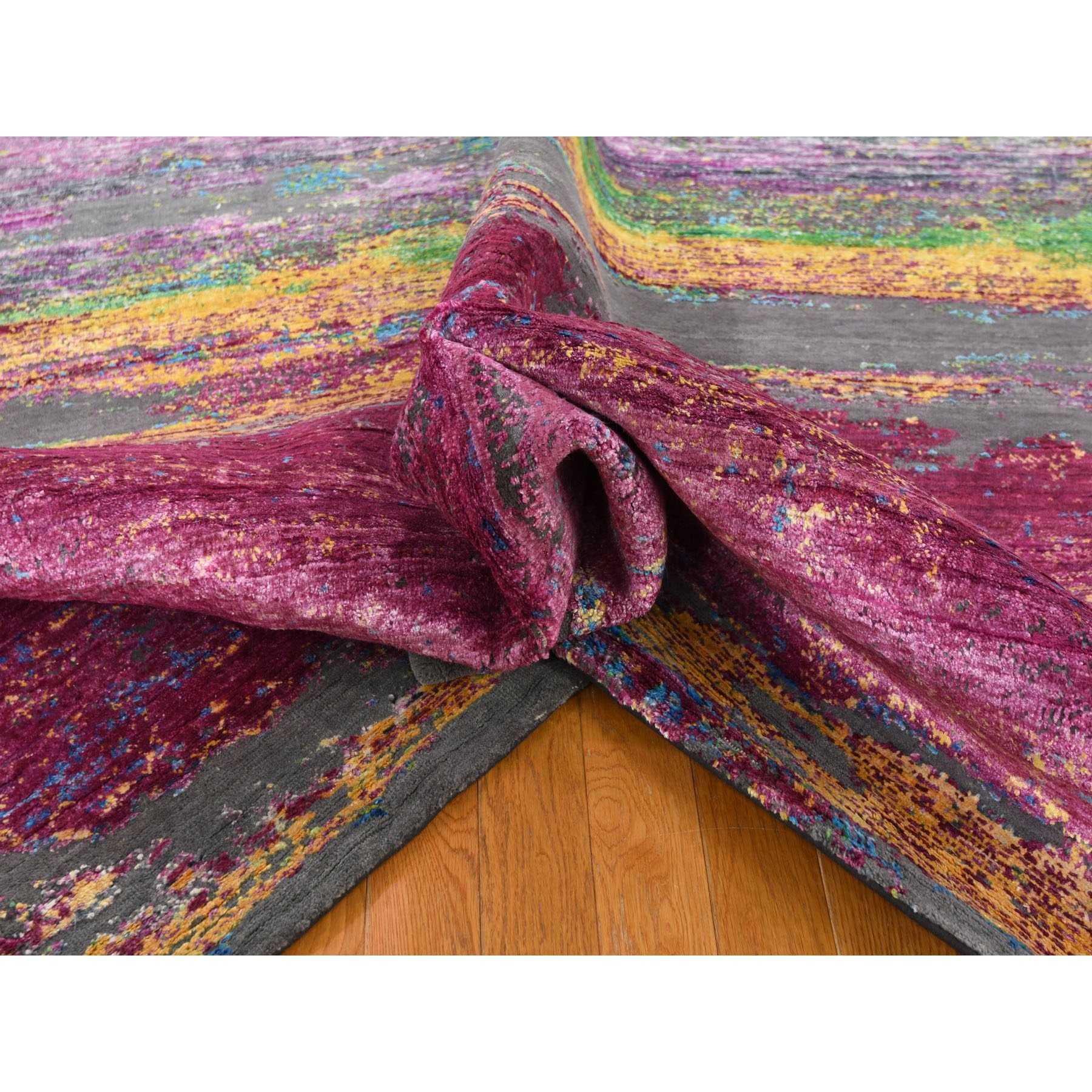 8'x9'10" Rothko Inspired Sari Silk With Textured Wool Hand Woven Oriental Rug 