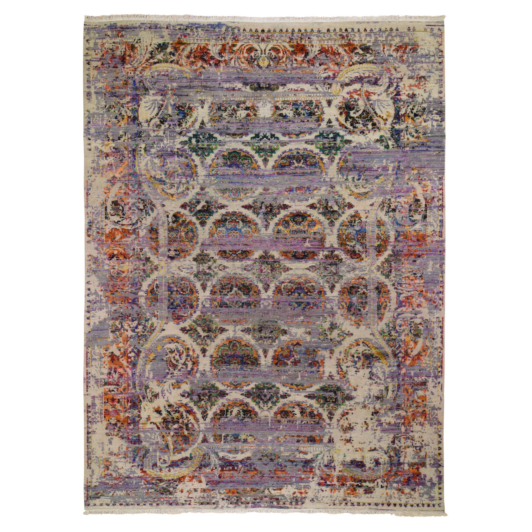 9'x12' ERASED ROSSETS, Colorful Sari Silk With Textured Wool Hand Woven Oriental Rug 