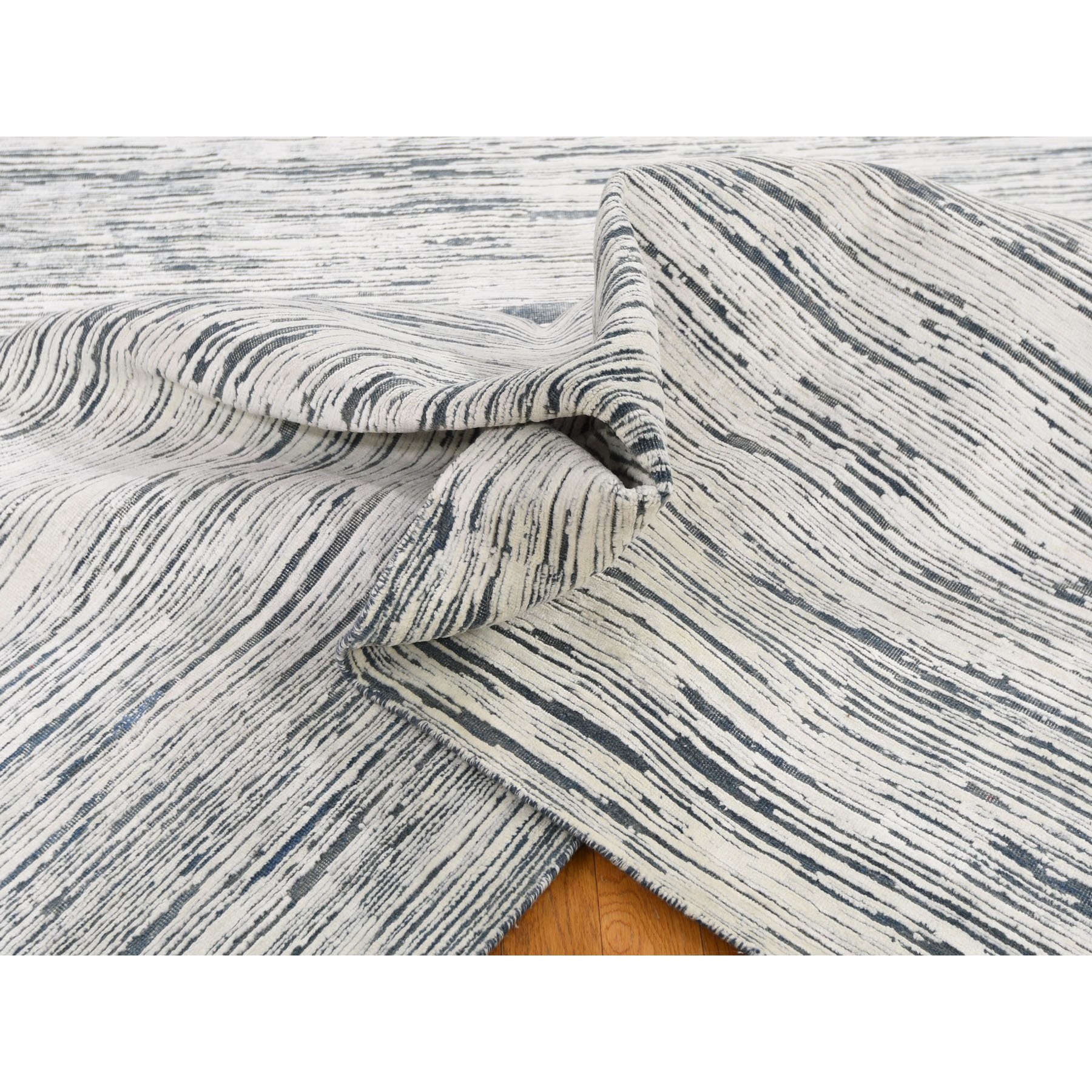 10'x14' Blue Stripe Design Silk With Textured Wool Hand Woven Oriental Rug 