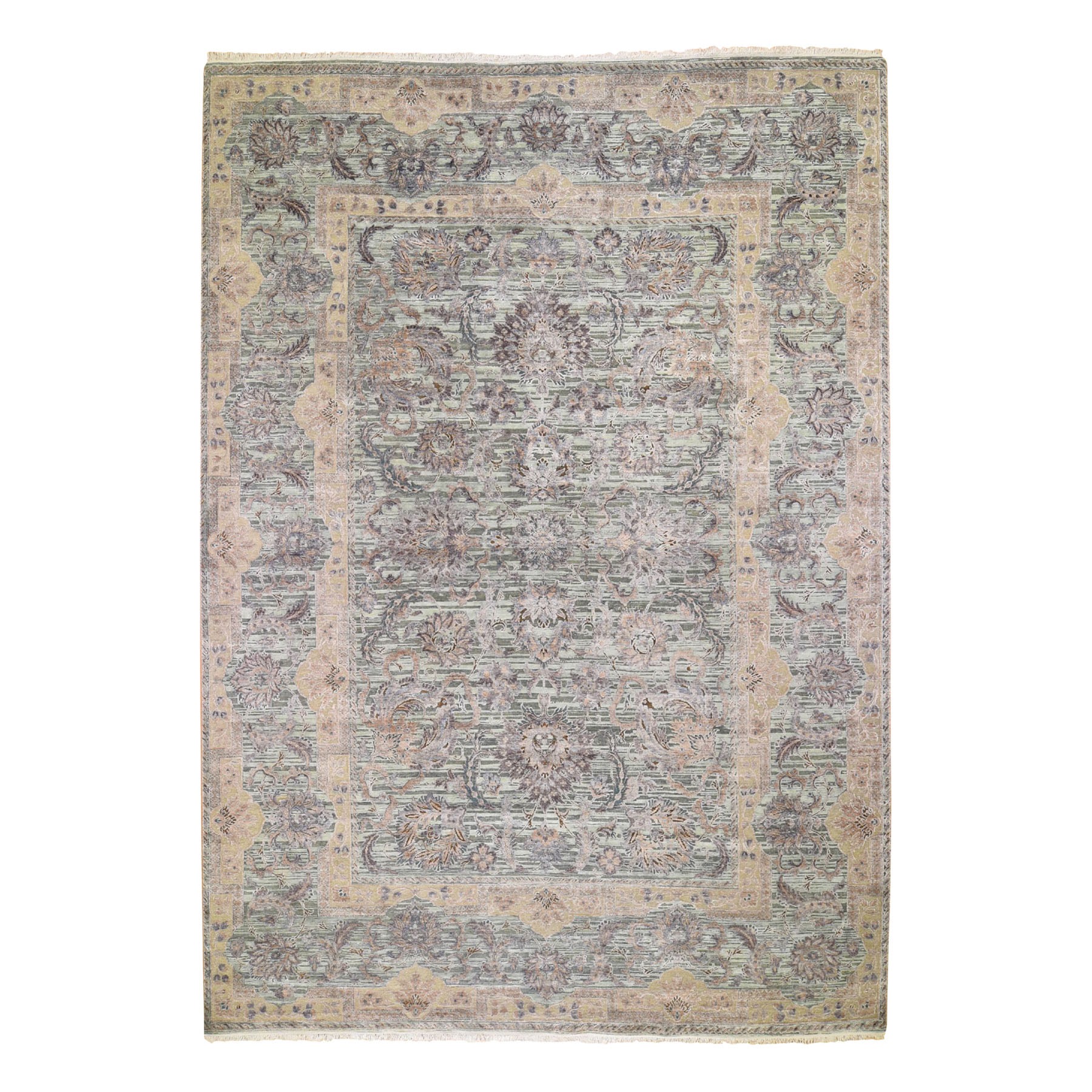 10'x14' Light Green Pure Silk With Textured Wool Mughal Design Hand Woven Oriental Rug 