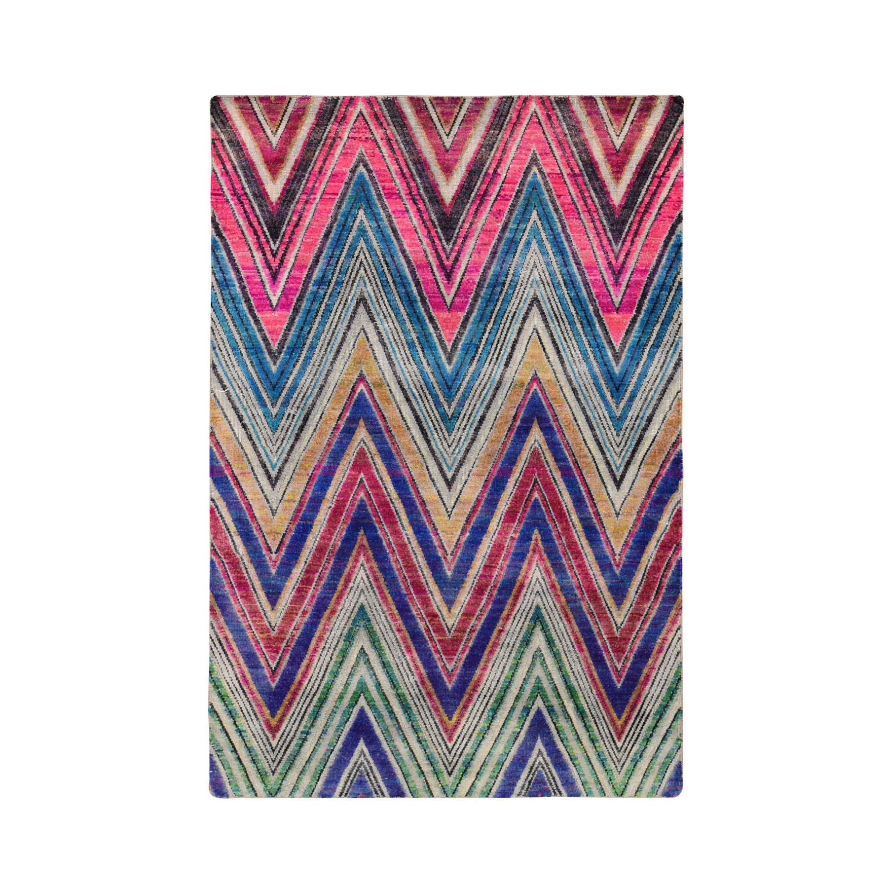 4'x6'2" Hand Woven Chevron Design Sari Silk with Textured Wool Oriental Rug 