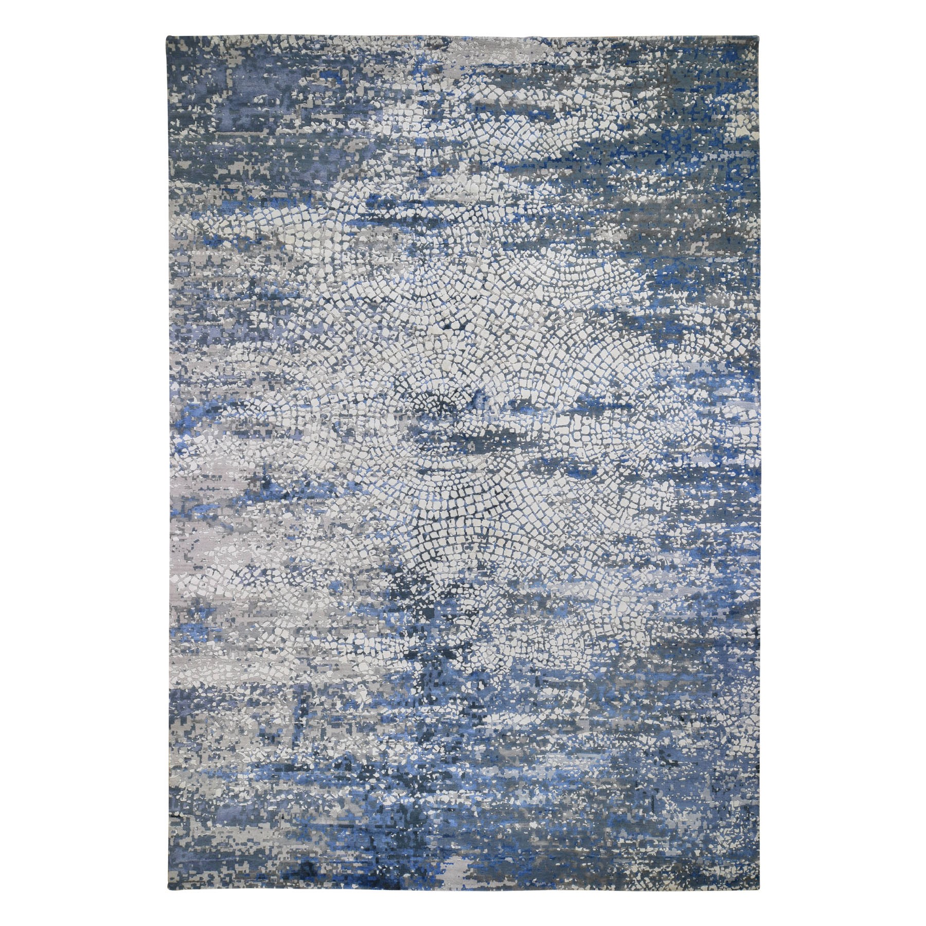 10'2"x14' Blue Wool And Pure Silk Erased Roman Mosaic Design hand Knotted Oriental Rug 