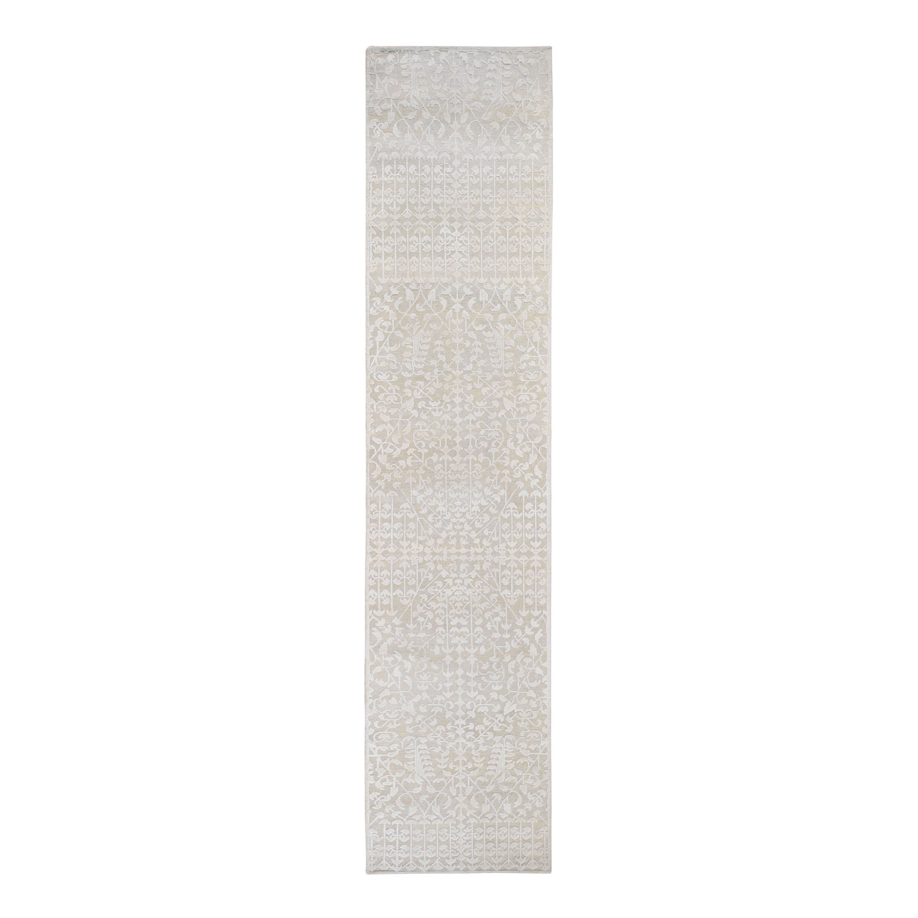2'6"x11'8" Hand knotted Tone on Tone Pure Silk with Textured Wool Runner Oriental Rug 