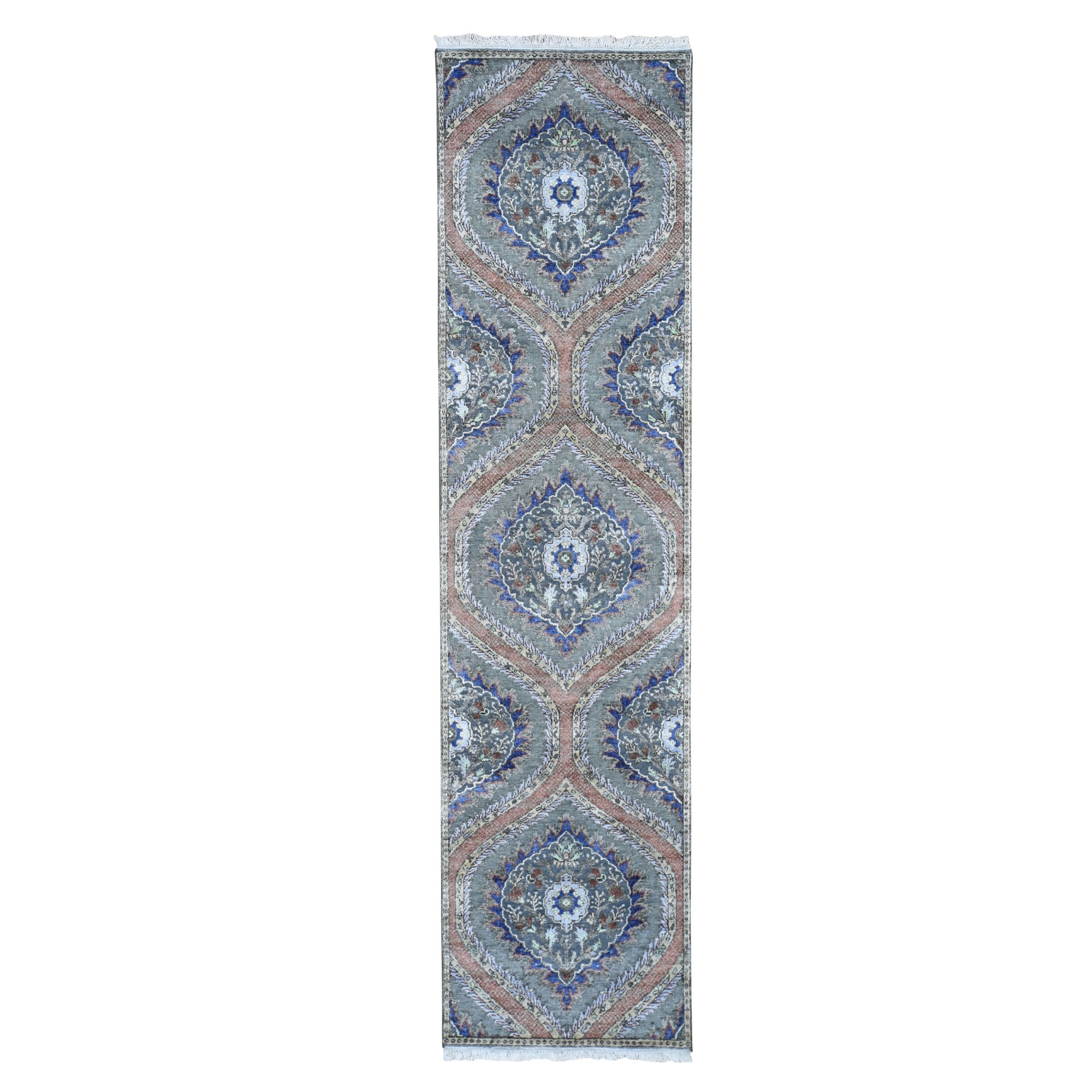 2'6"x10' Mughal Design Pure Silk With Textured Wool Runner Hand Woven Oriental Rug 