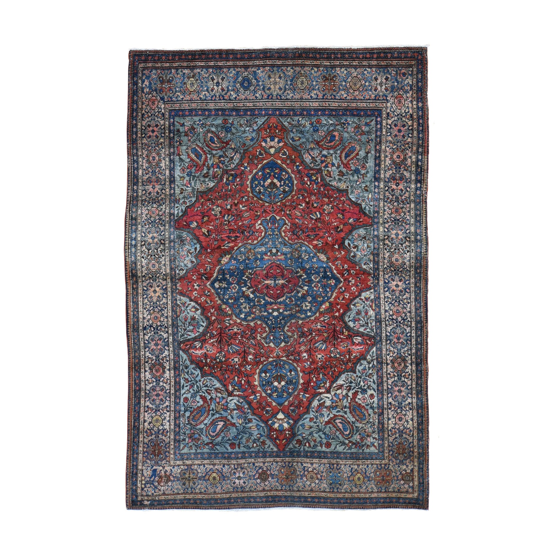 4'2"x6'6" Red Antique  Persian Sarouk Fereghan Good Condition Soft Hand Woven Fine Oriental Rug 