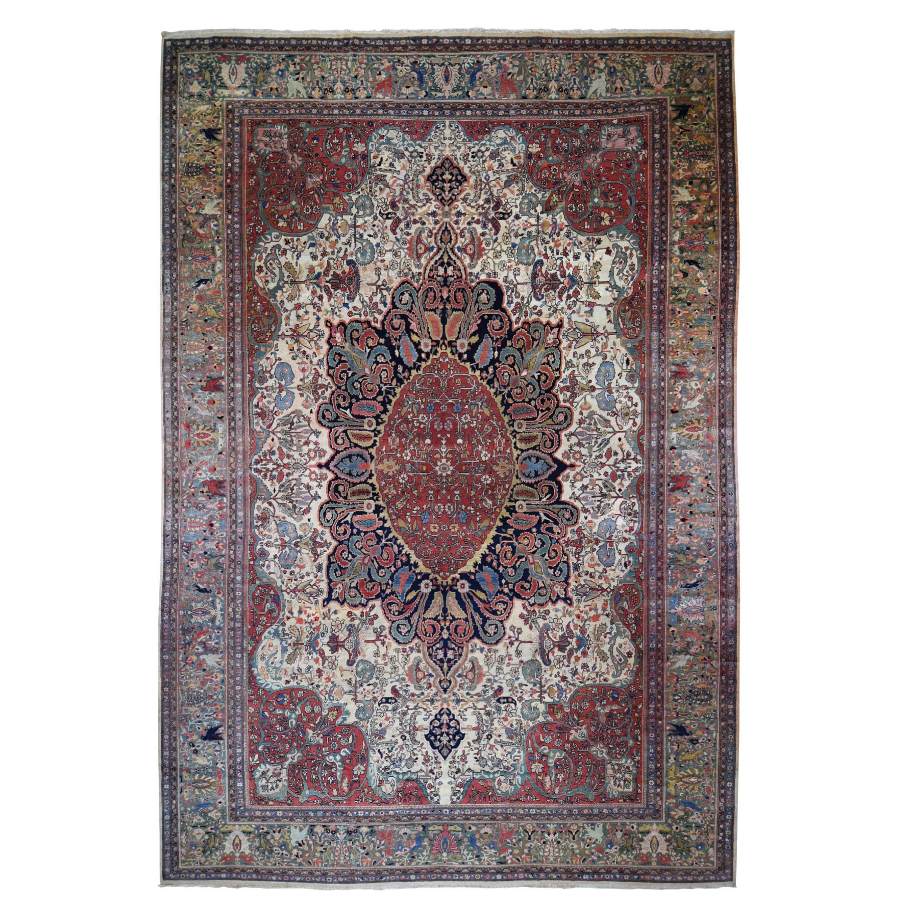 12'2"x18'8" Oversized Antique Persian Sarouk Fereghan With Birds Full Pile And Soft Hand Woven Oriental Rug 