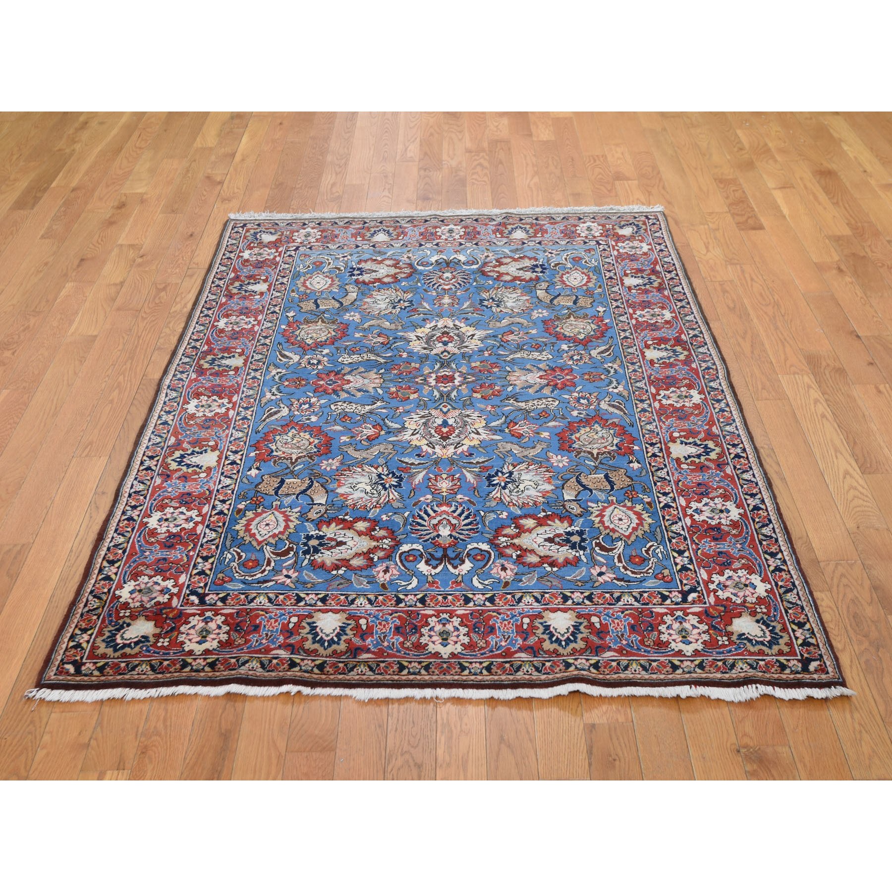 4'8"x7' Blue Vintage Persian Qum Full Pile Exc Condition Hand Woven Oriental Rug 