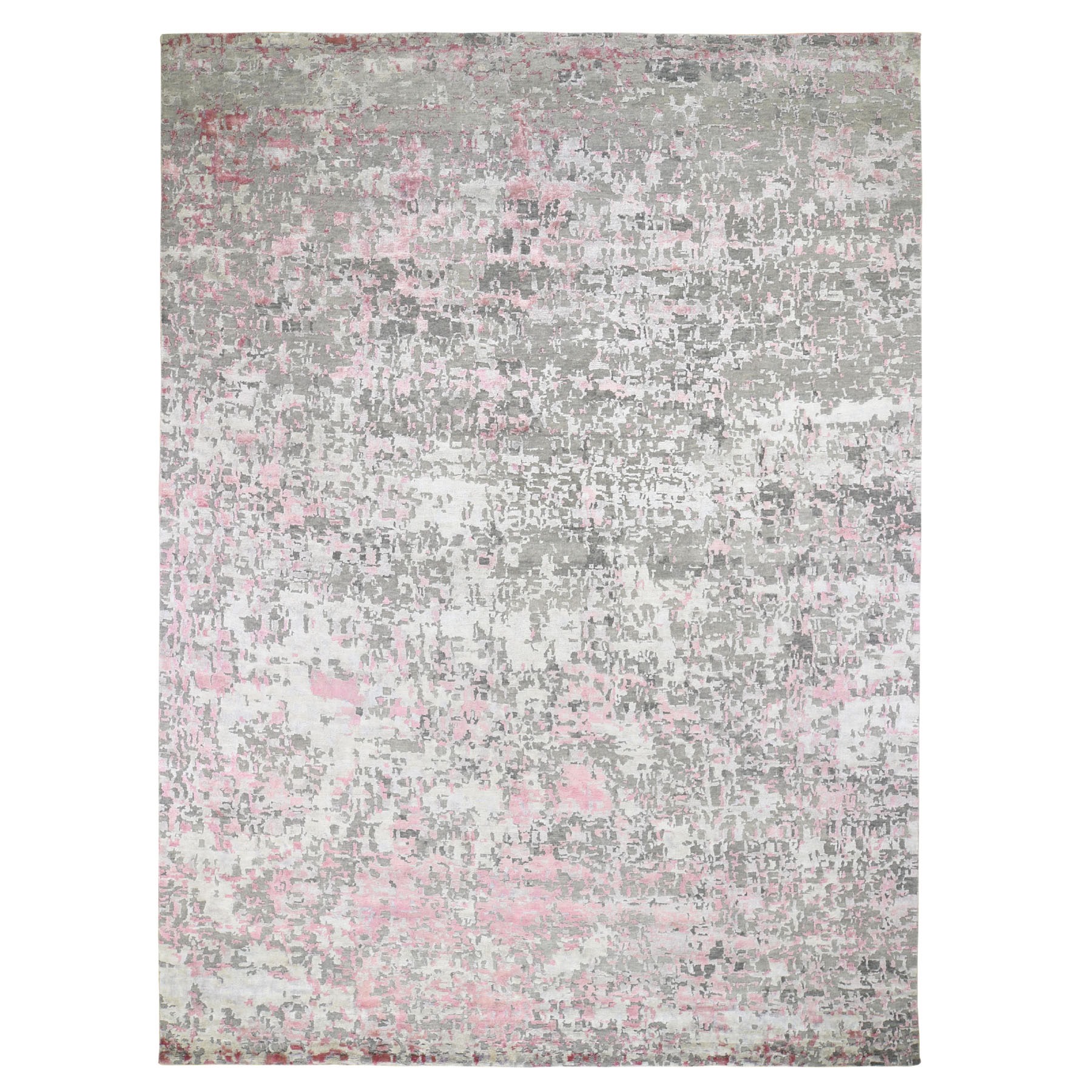 9'x12' Pink Hi-Lo Pile Abstract Design Wool And Silk Hand Woven Oriental Rug 