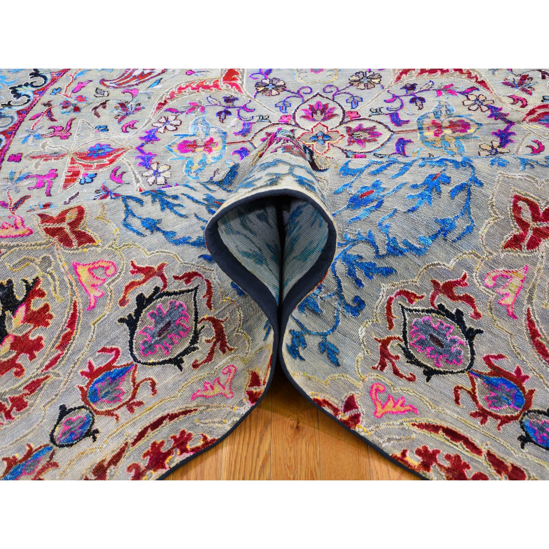 8'x10' Sapphire Blue Sari Silk and Textured Wool Colorful Maharaja Design Hand Woven Oriental Rug 
