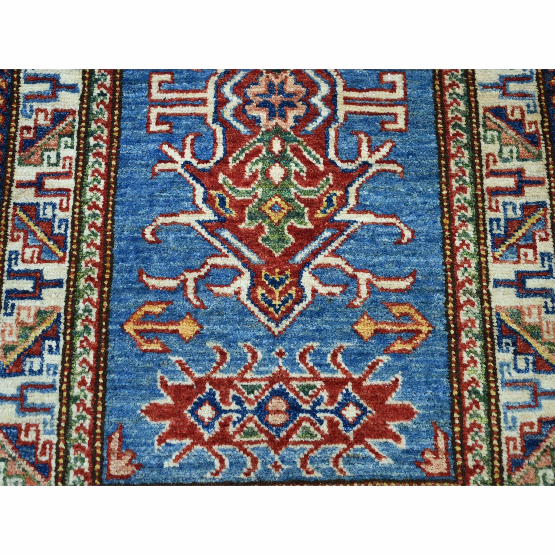 2'x3'2" Blue Super Kazak Pure Wool Geometric Design Hand Woven Oriental Rug 
