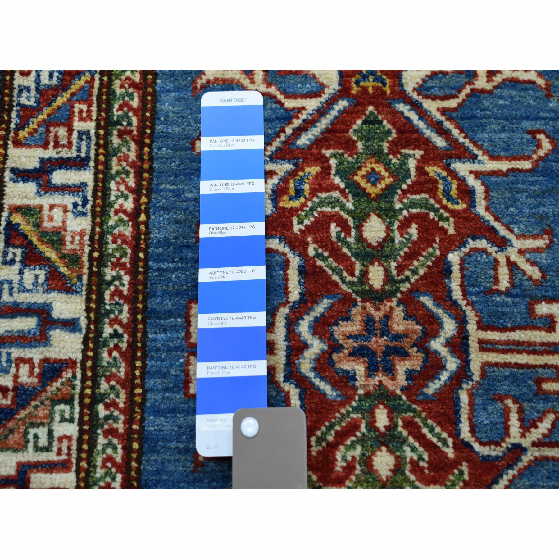 2'x3'2" Blue Super Kazak Pure Wool Geometric Design Hand Woven Oriental Rug 