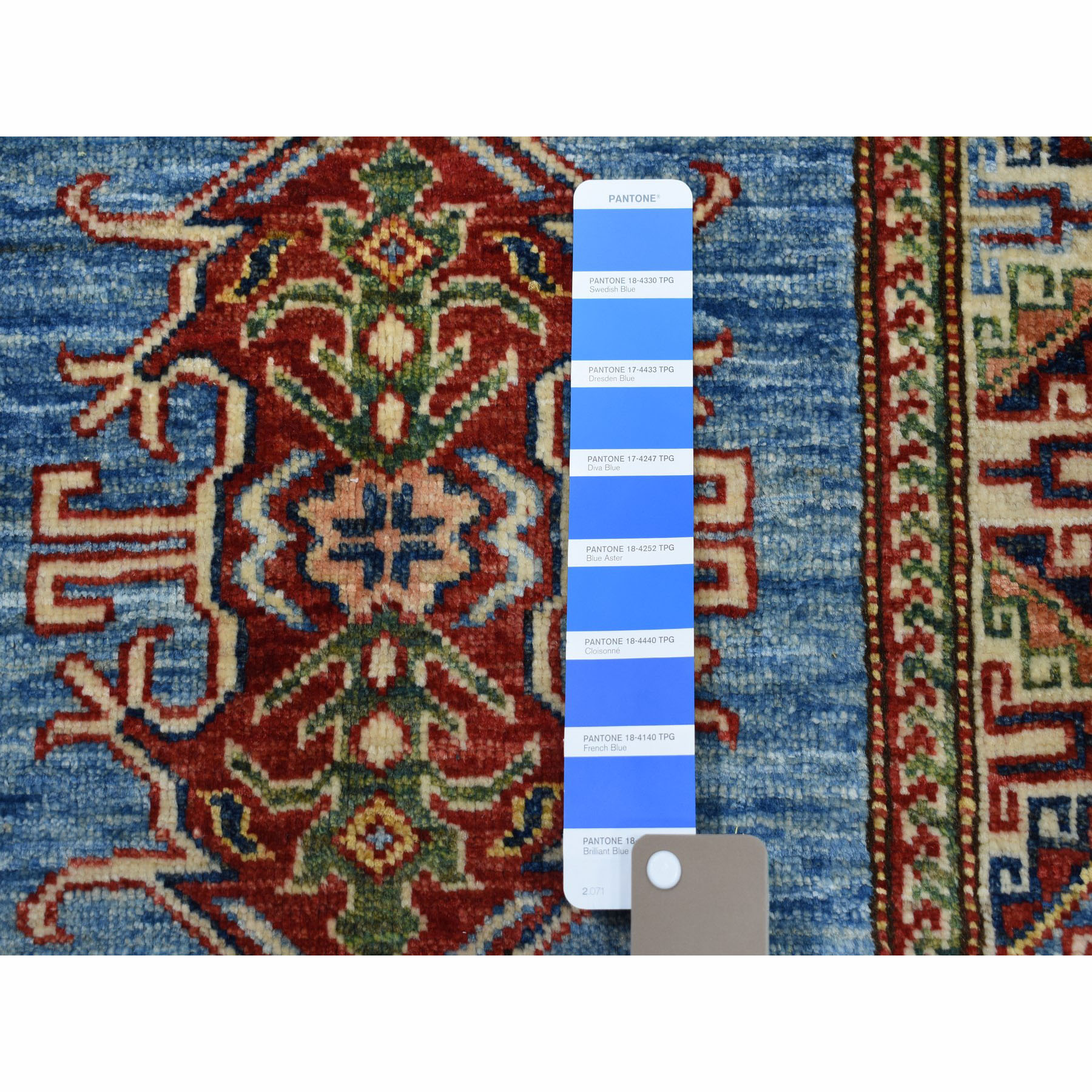 2'1"x3' Super Kazak Pure Wool Blue Geometric Design Hand Woven Oriental Rug 
