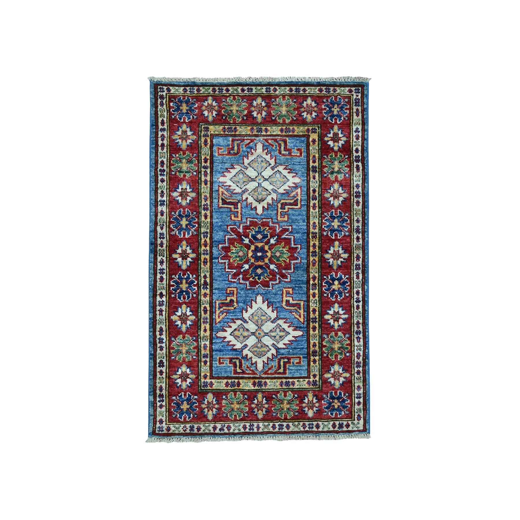 2'x3' Super Kazak Pure Wool Blue Geometric Design Hand Woven Oriental Rug 