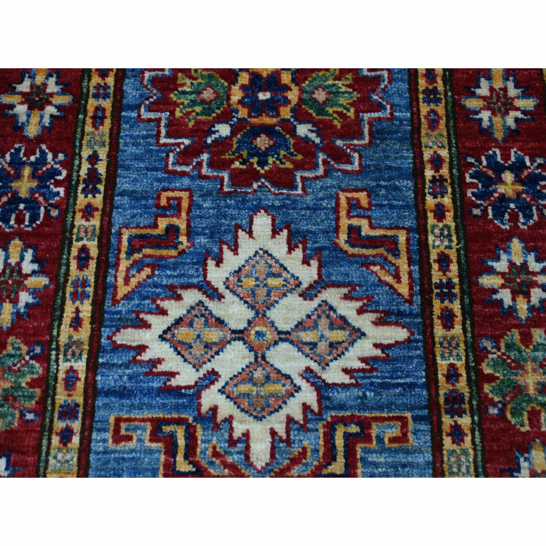 2'x3' Super Kazak Pure Wool Blue Geometric Design Hand Woven Oriental Rug 