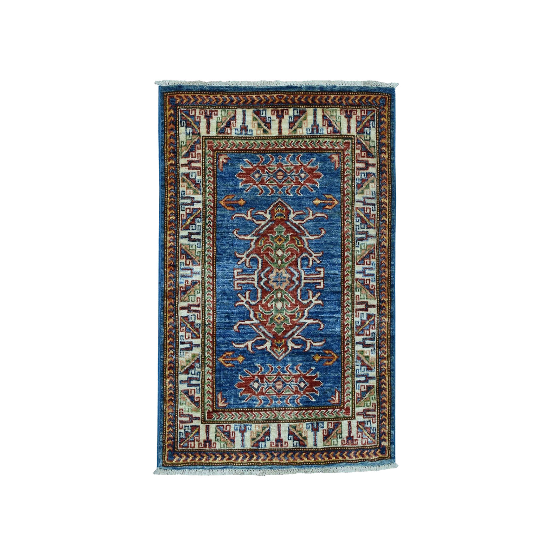 2'1"x2'10" Super Kazak Pure Wool Blue Geometric Design Hand Woven Oriental Rug 