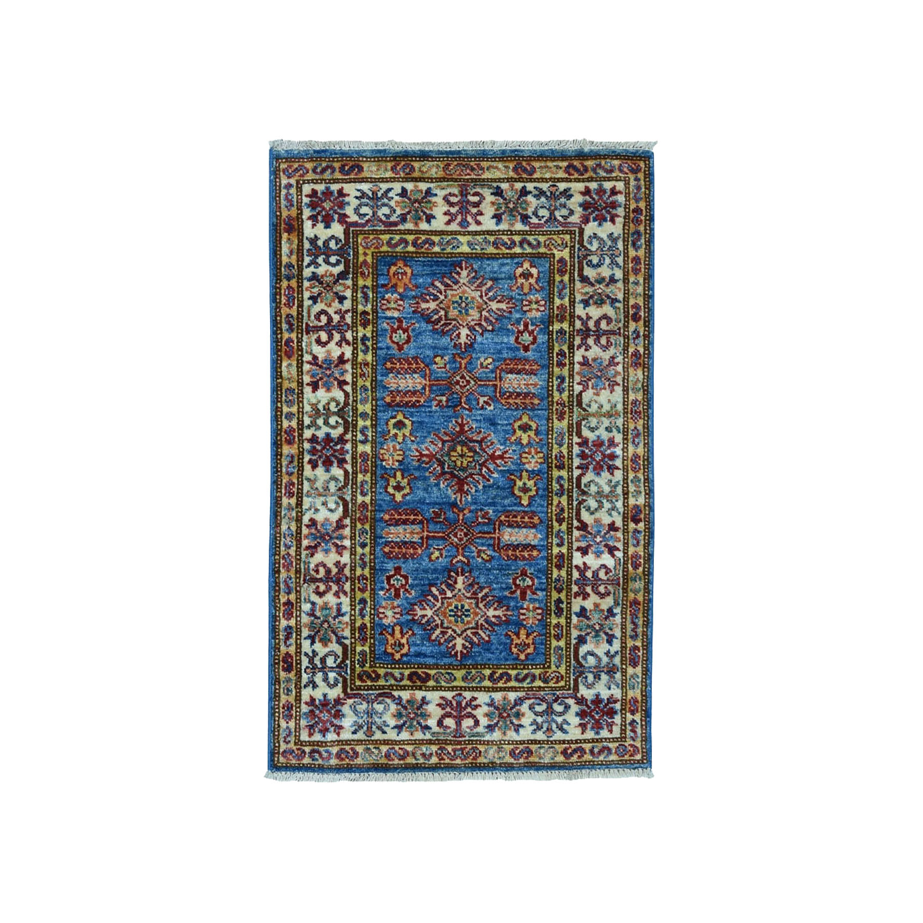 2'x2'10" Super Kazak Pure Wool Blue Geometric Design Hand Woven Oriental Rug 