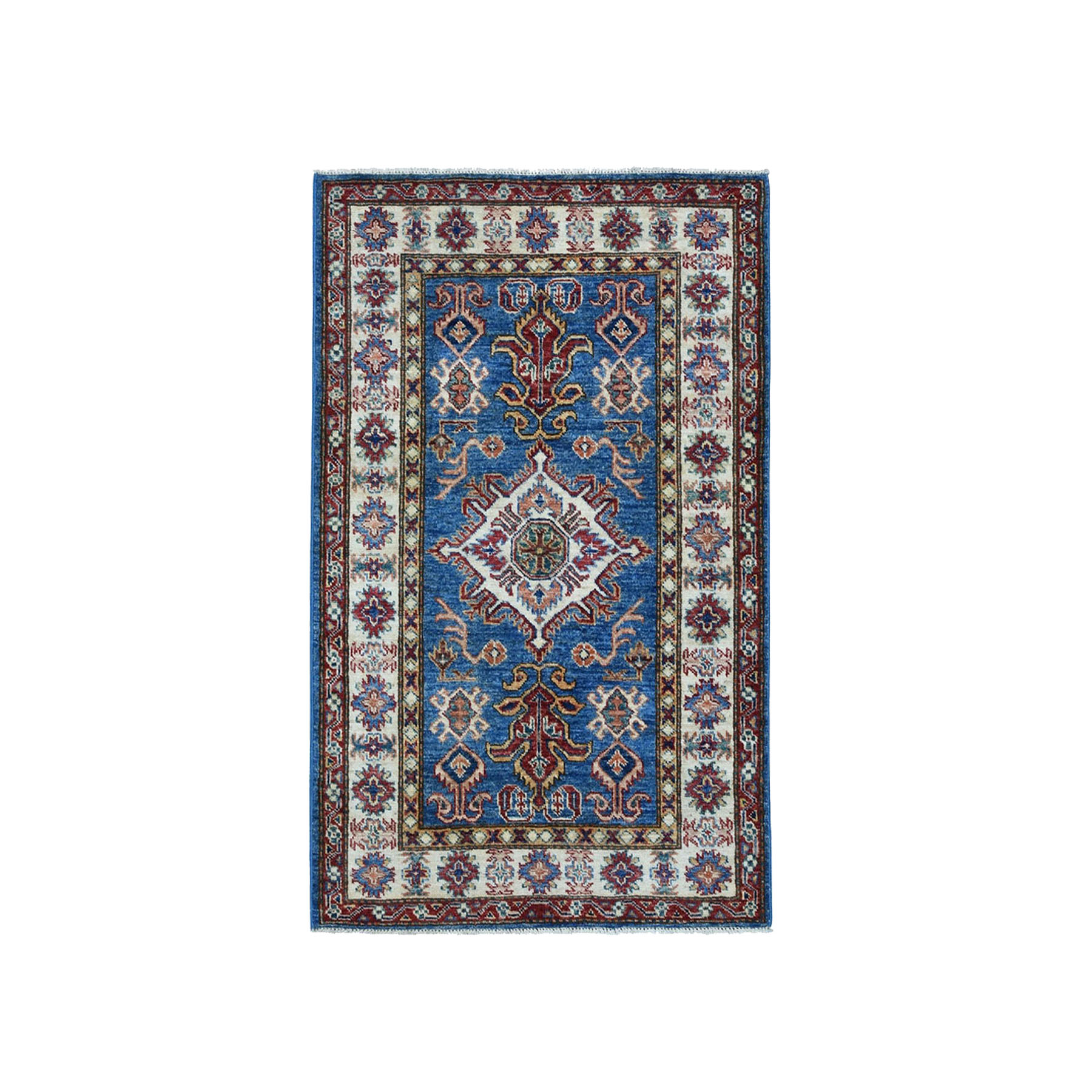 2'10"x3'10" Blue Super Kazak Pure Wool Geometric Design Hand Woven Oriental Rug 