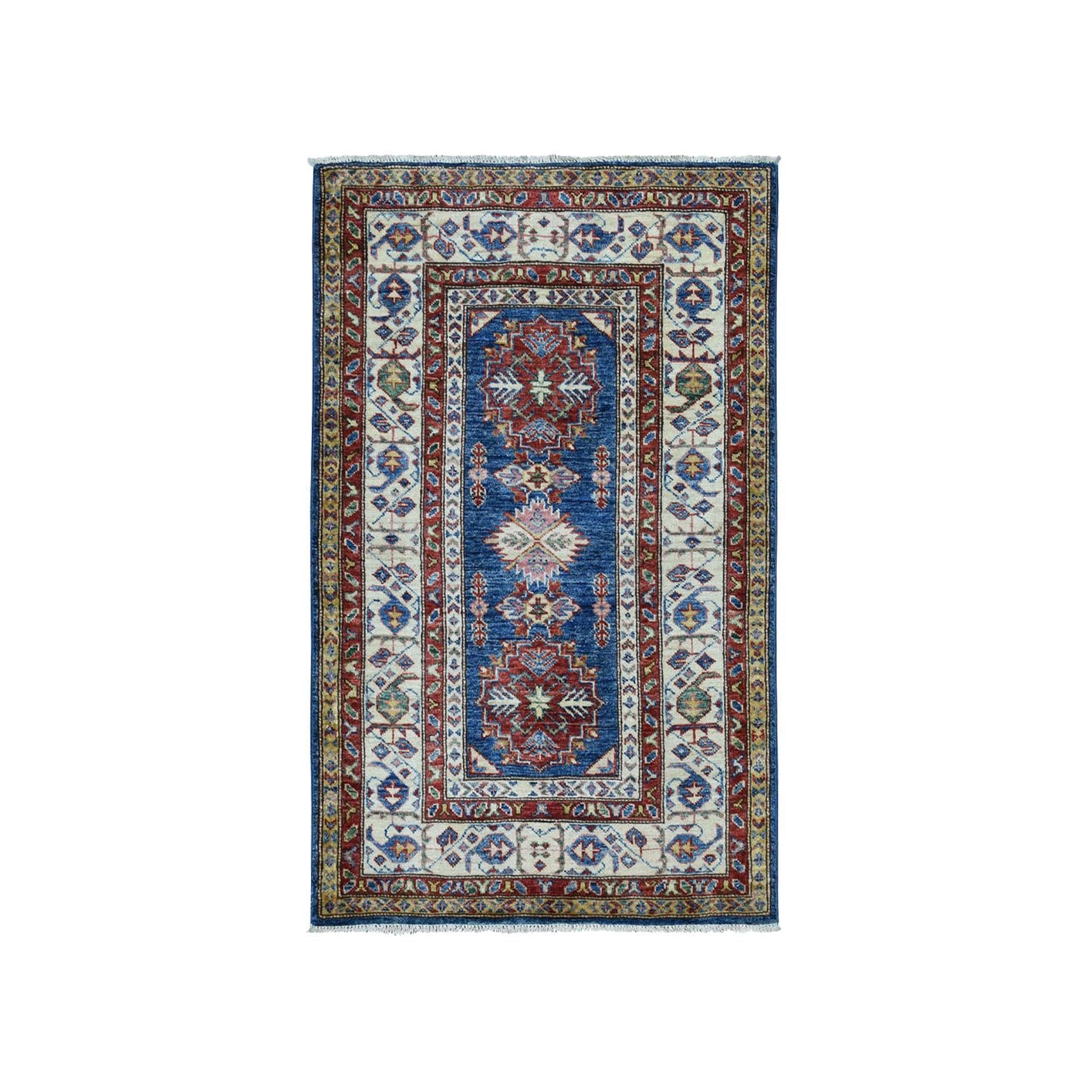 2'8"x4' Blue Super Kazak Pure Wool Geometric Design Hand Woven Oriental Rug 