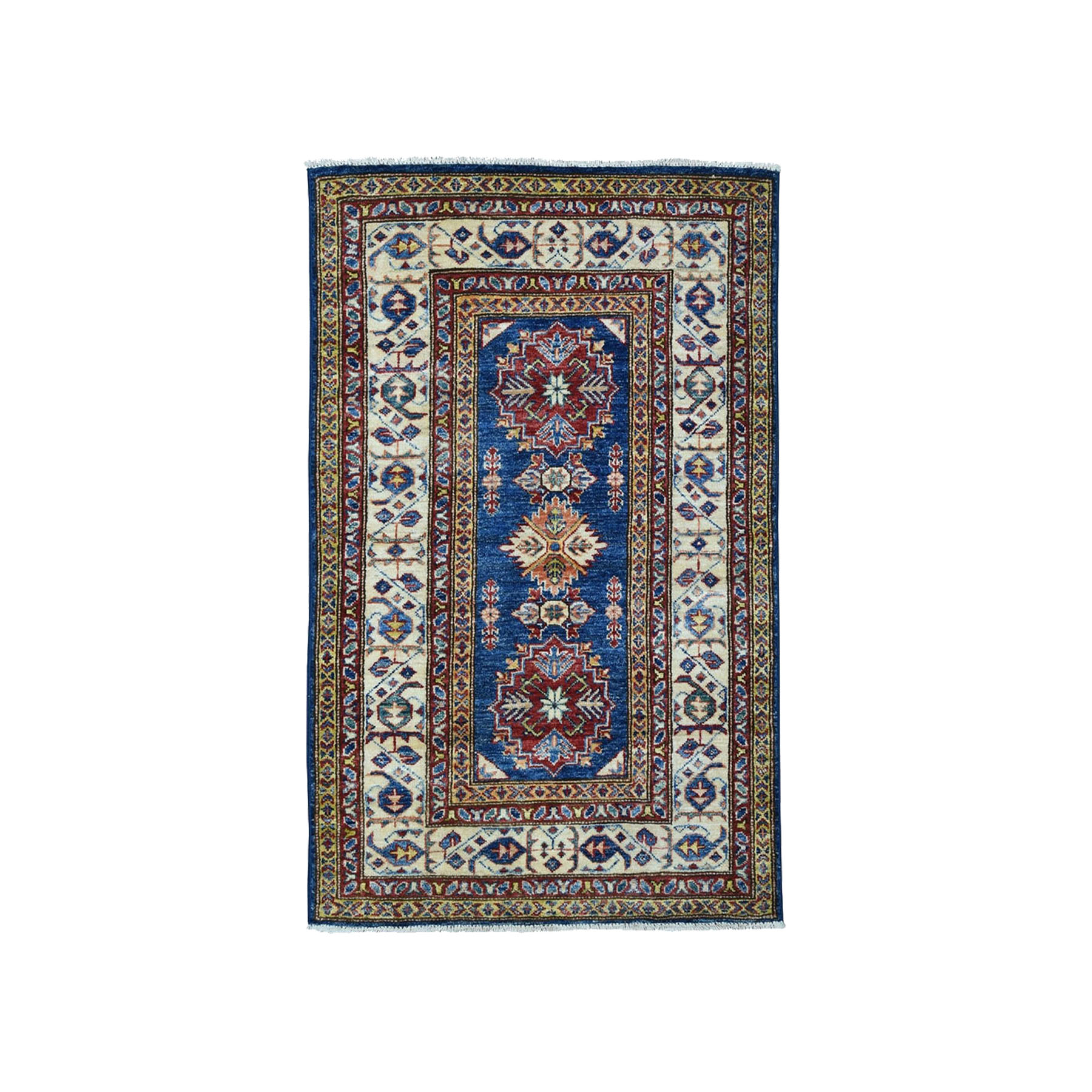 2'10"x4'2" Blue Super Kazak Pure Wool Geometric Design Hand Woven Oriental Rug 