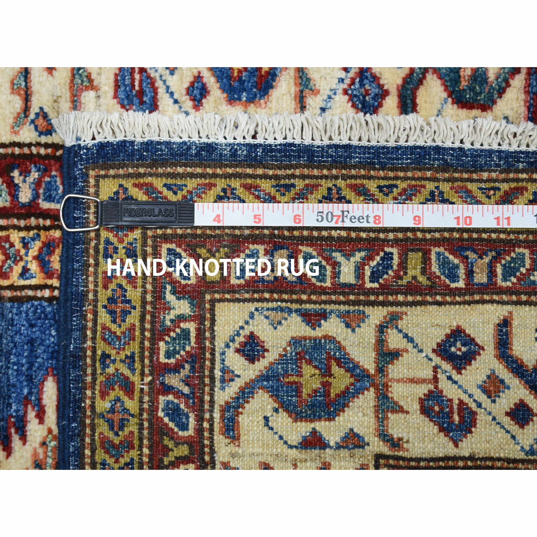 2'10"x4'2" Blue Super Kazak Pure Wool Geometric Design Hand Woven Oriental Rug 
