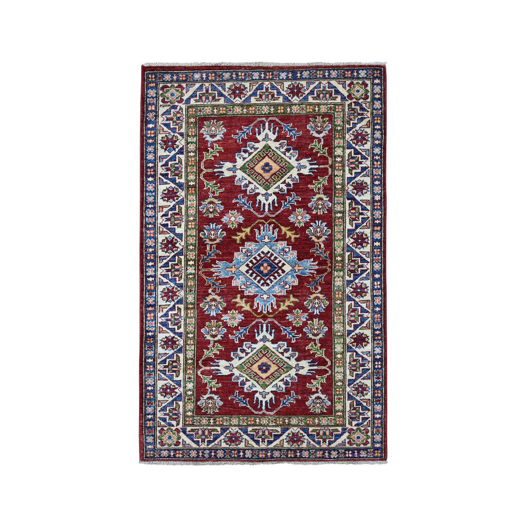 3'4"x4'8" Red Super Kazak Pure Wool Geometric Design Hand Woven Oriental Rug 