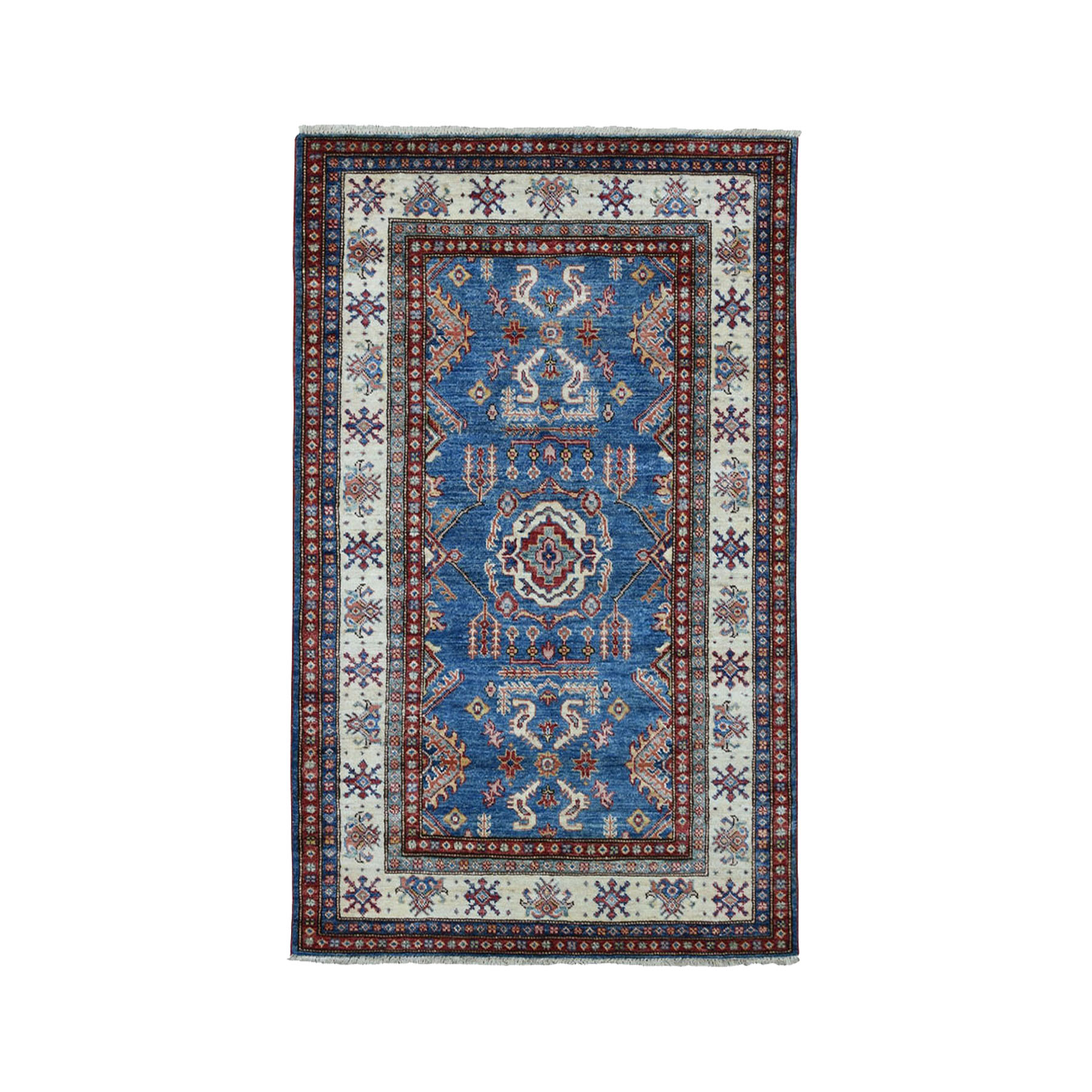 3'5"x5' Blue Super Kazak Pure Wool Geometric Design Hand Woven Oriental Rug 