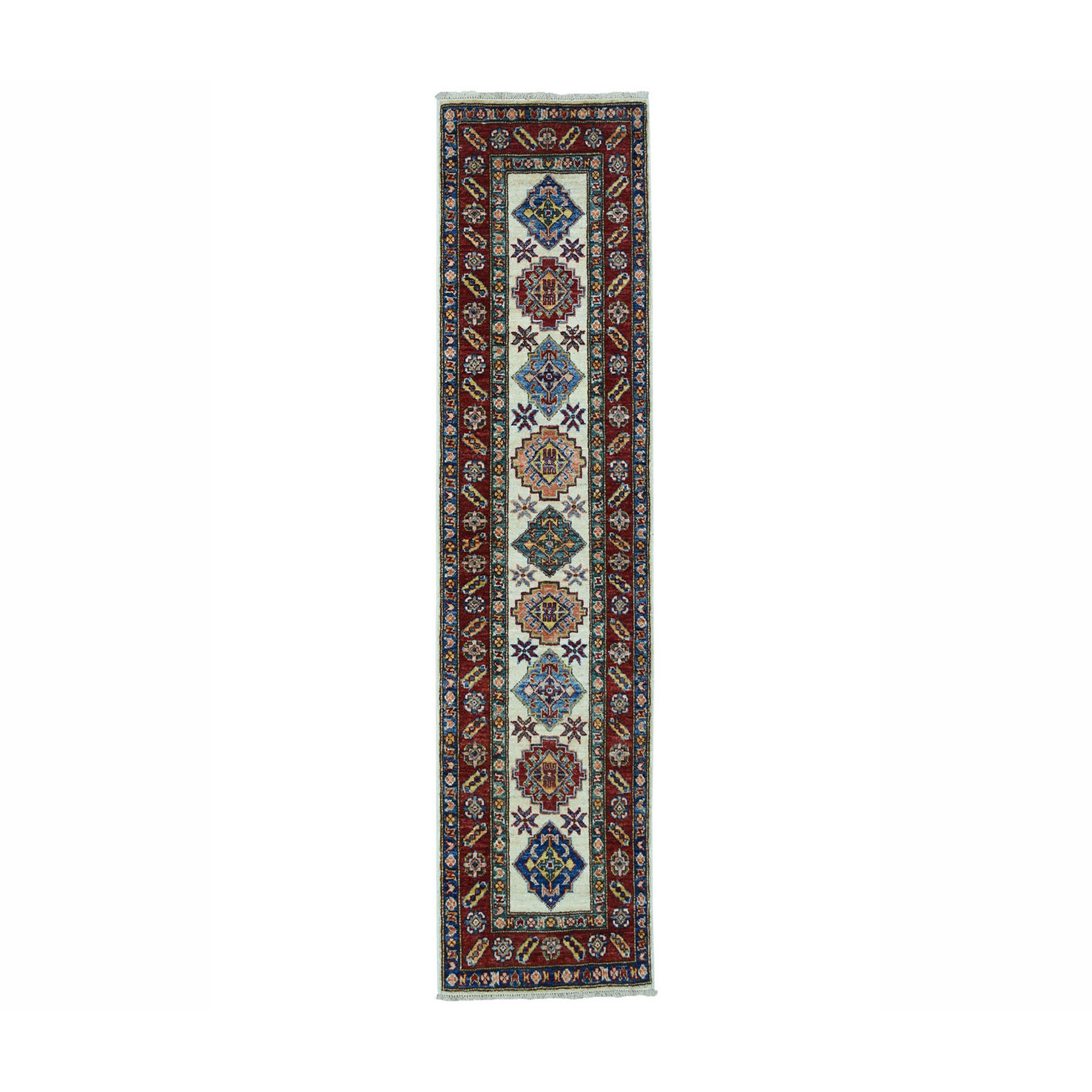 2'x6'3" Ivory Super Kazak Pure Wool Geometric Design Hand Woven Oriental Runner Rug 