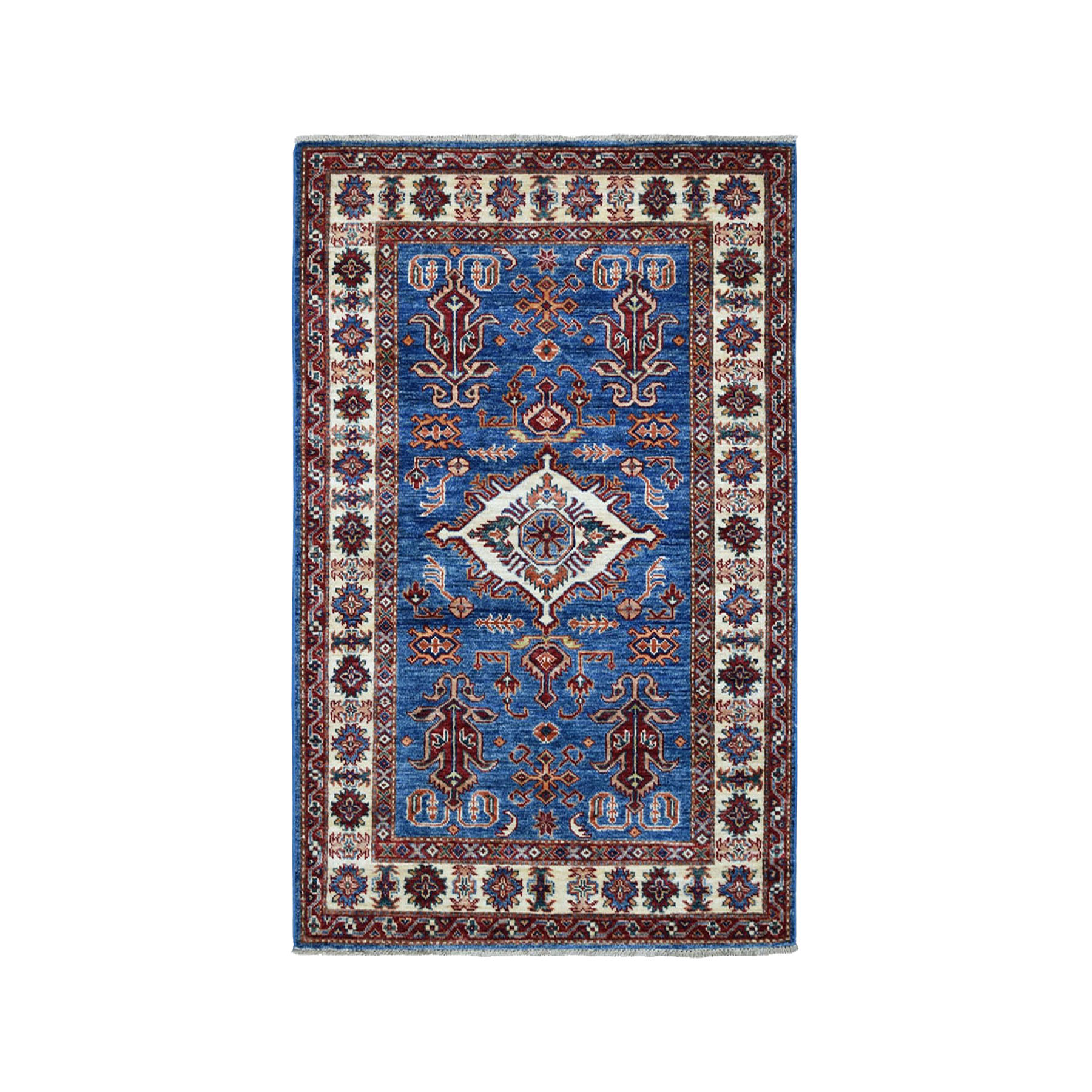 3'3"x4'8" Blue Super Kazak Geometric Design Pure Wool Hand Woven Oriental Rug 