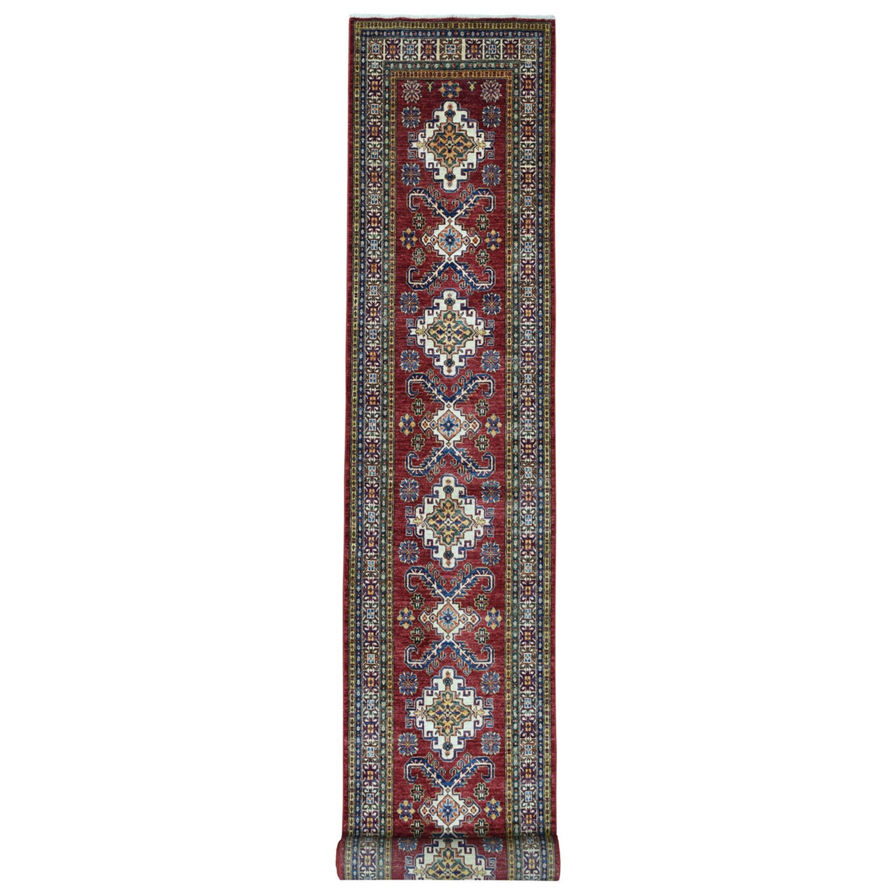 3'2"x19'4" Red Super Kazak Pure Wool Geometric Design XL Runner Hand Woven Oriental Rug 